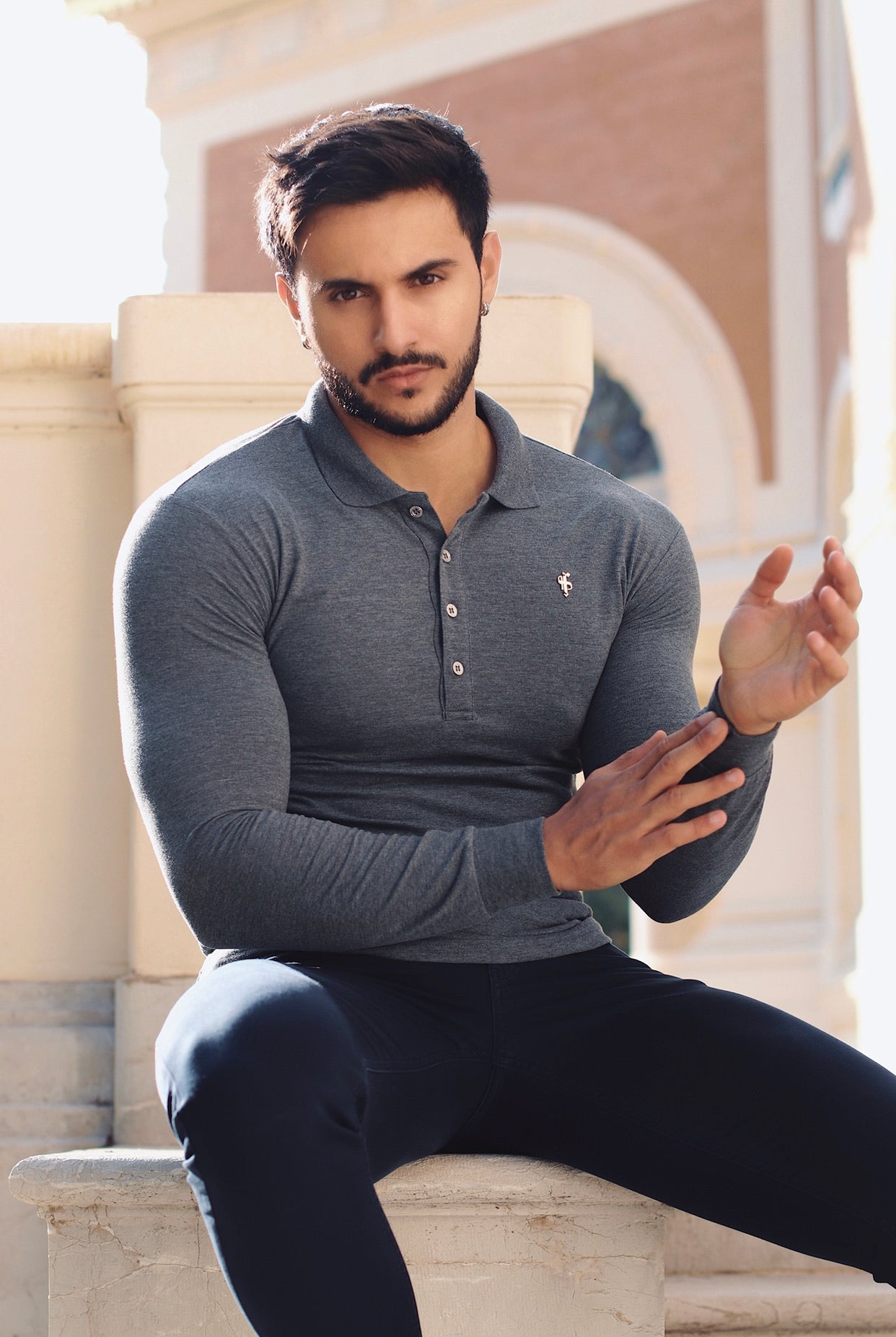 Classic Dark Grey Long Sleeve Polo Shirt with Silver Metal Emblem Decal & Buttons - FSH519