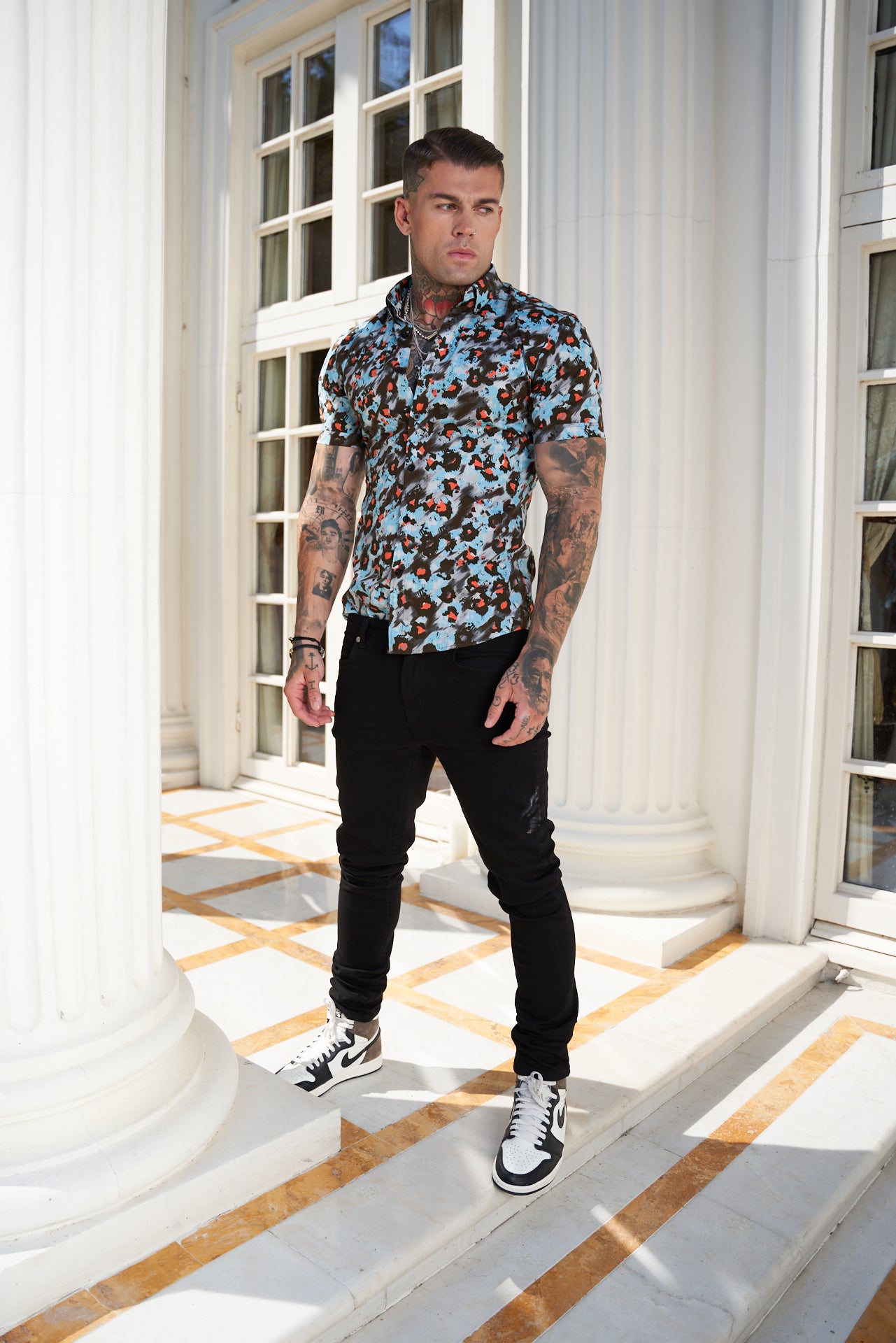 Super Slim Stretch Multi Colour Abstract Leopard Print Short Sleeve with Button Down Collar - FS790