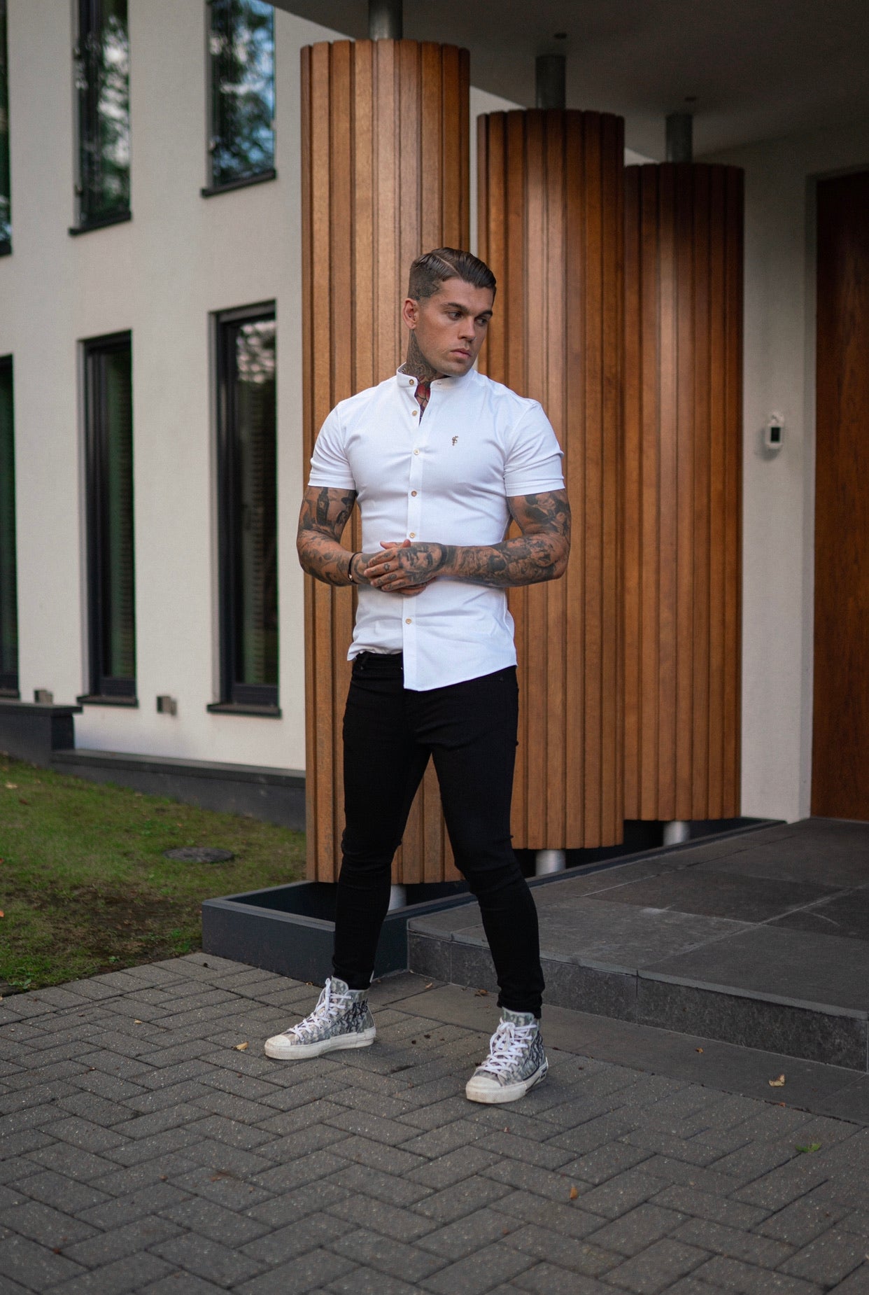 Super Slim Stretch White Denim Short Sleeve Grandad collar with Metal Buttons and Decal Emblem - FS720