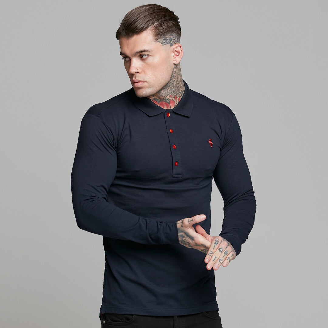Classic Navy and Red Contrast Polo Shirt Long Sleeve - FSH326