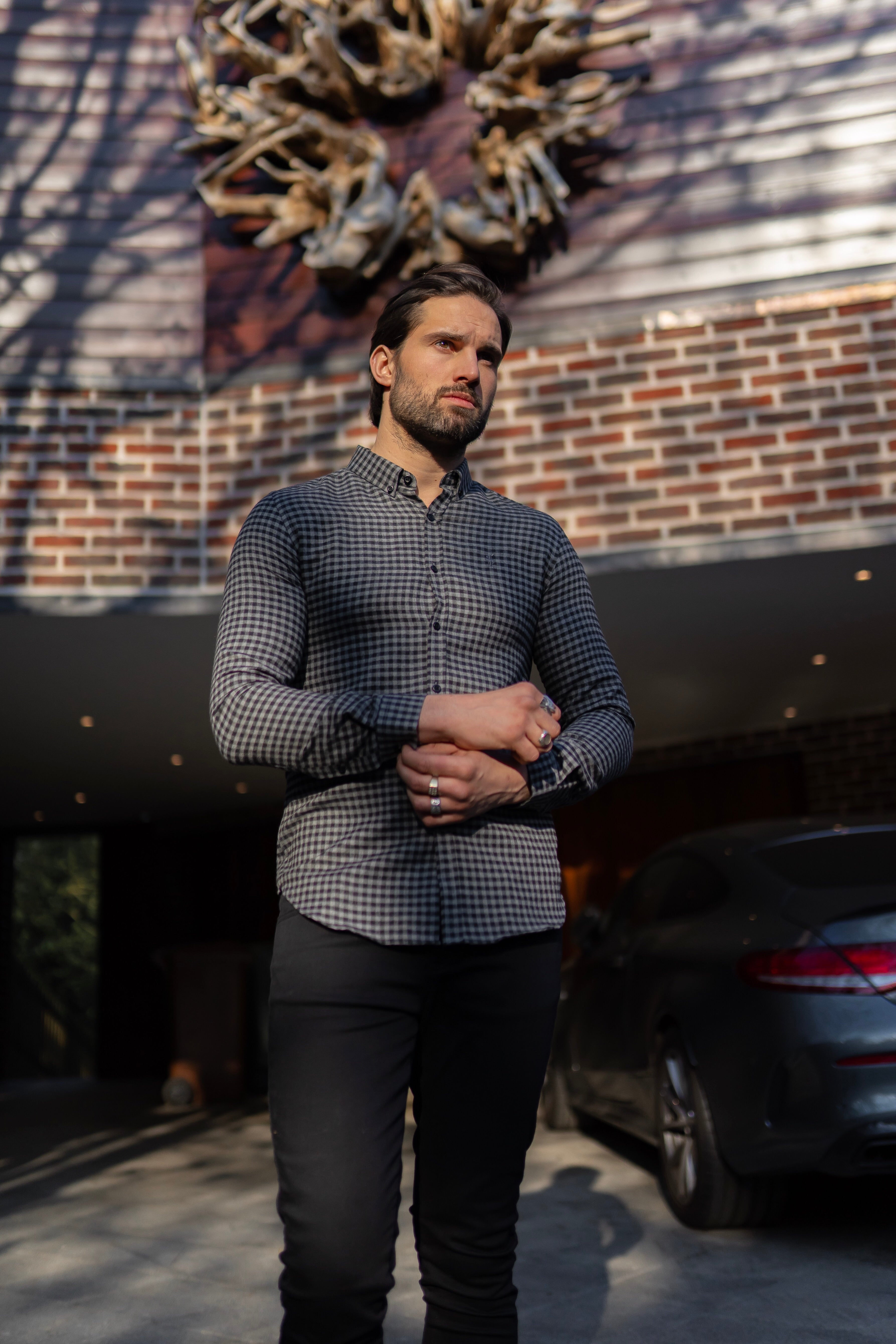 Classic Black & Grey Brushed Check Long Sleeve (Grey Emblem) - FS411