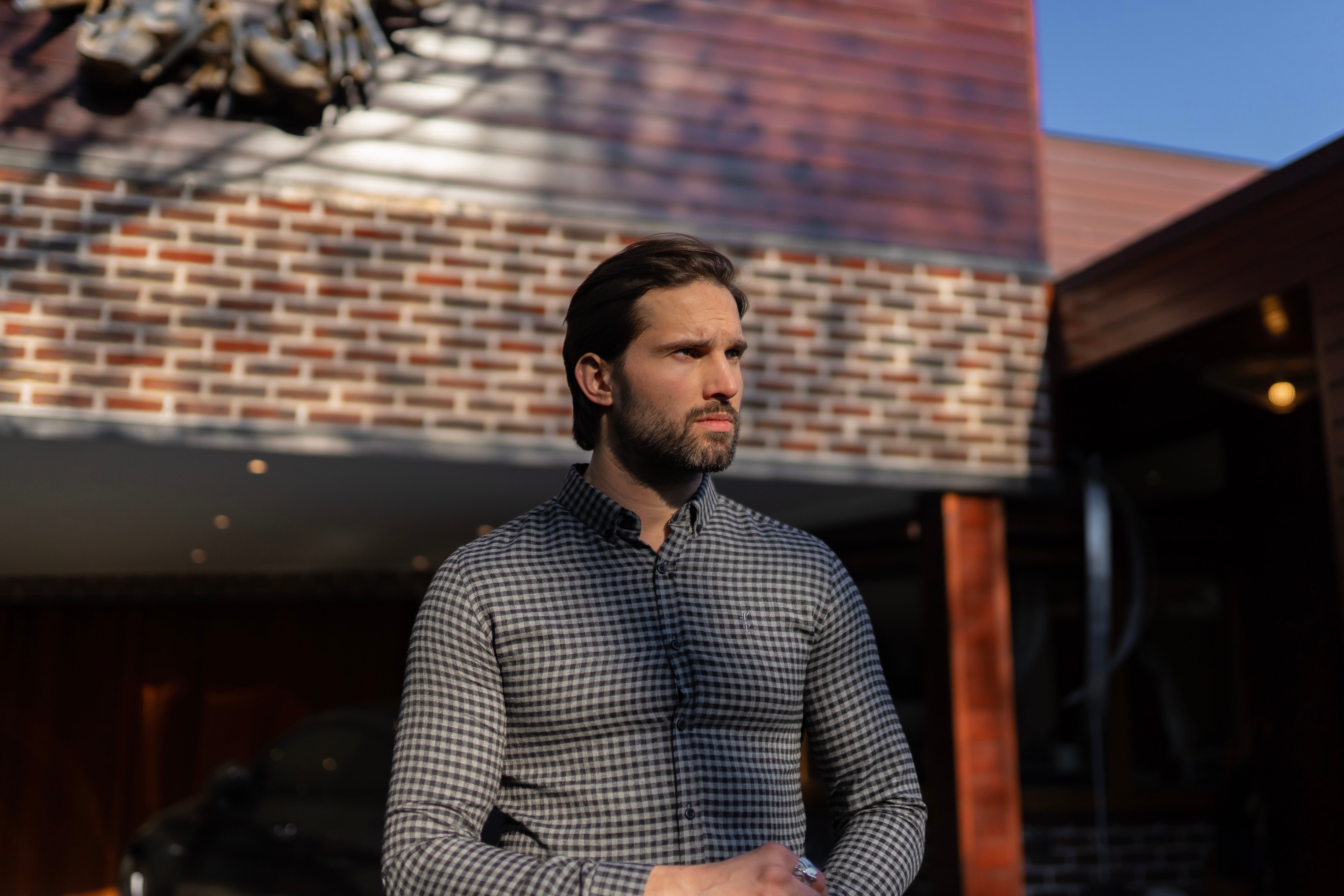 Classic Black & Grey Brushed Check Long Sleeve (Grey Emblem) - FS411