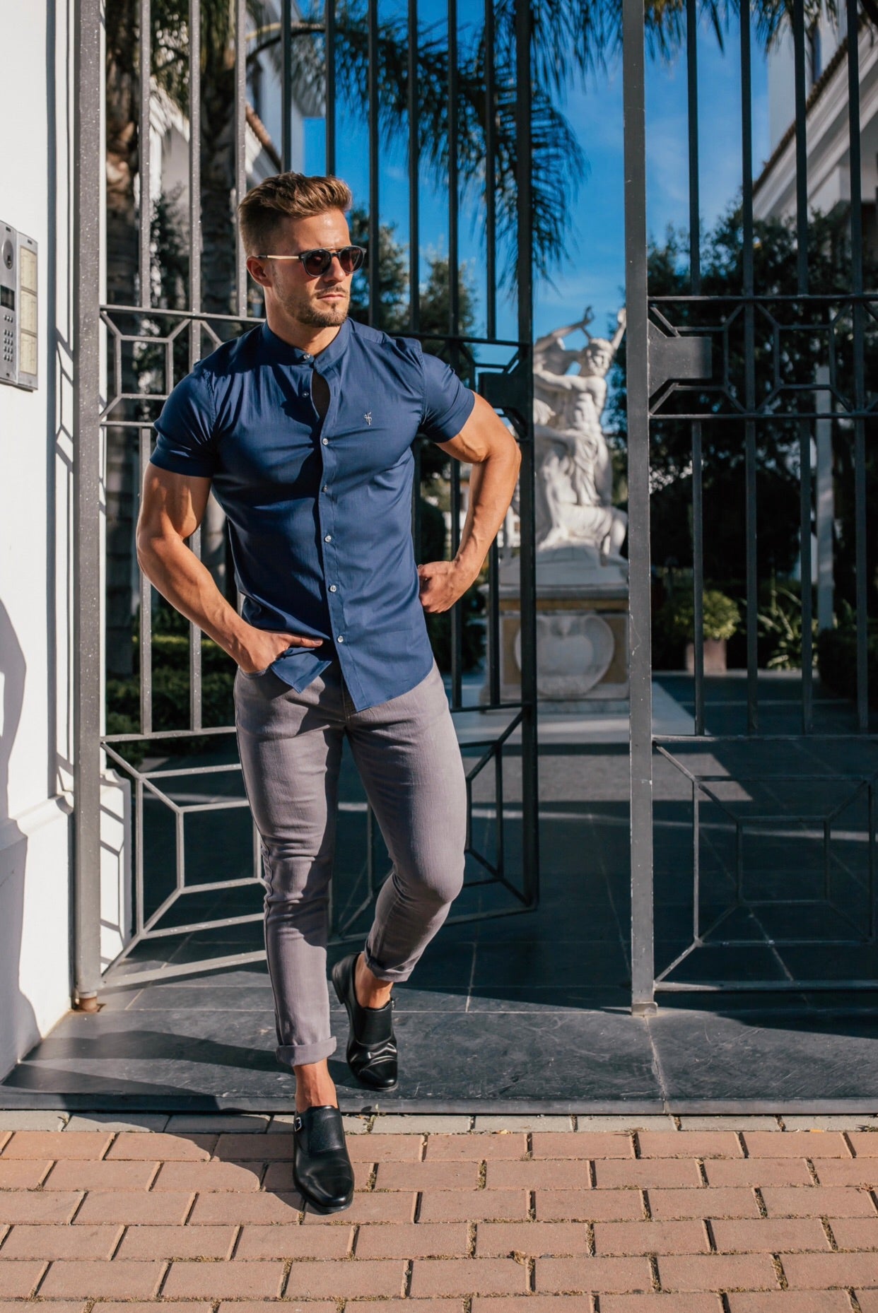 Super Slim Stretch Classic Navy Grandad Collar Short Sleeve - FS182