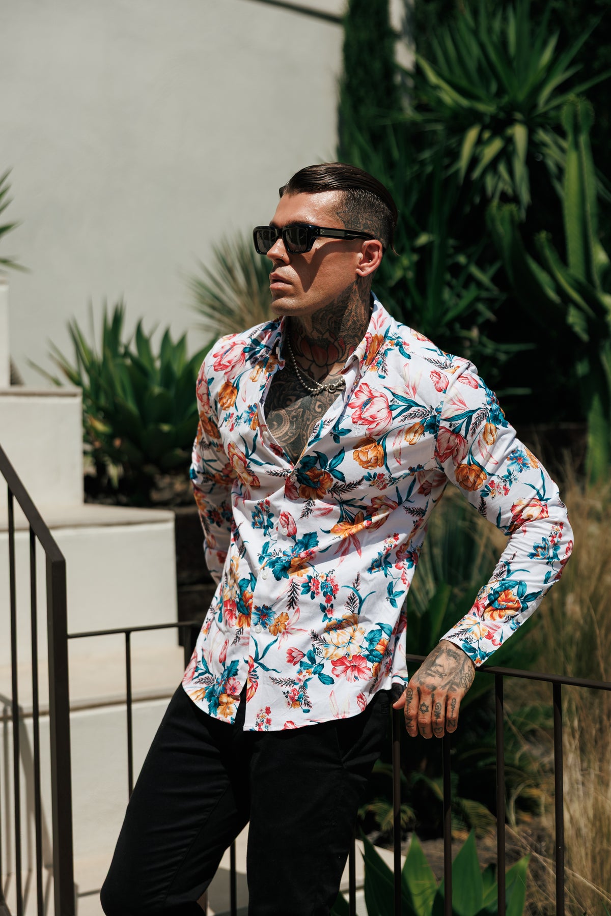 Super Slim Stretch White Vibrant Floral Print Long Sleeve with Button Down Collar - FS1276