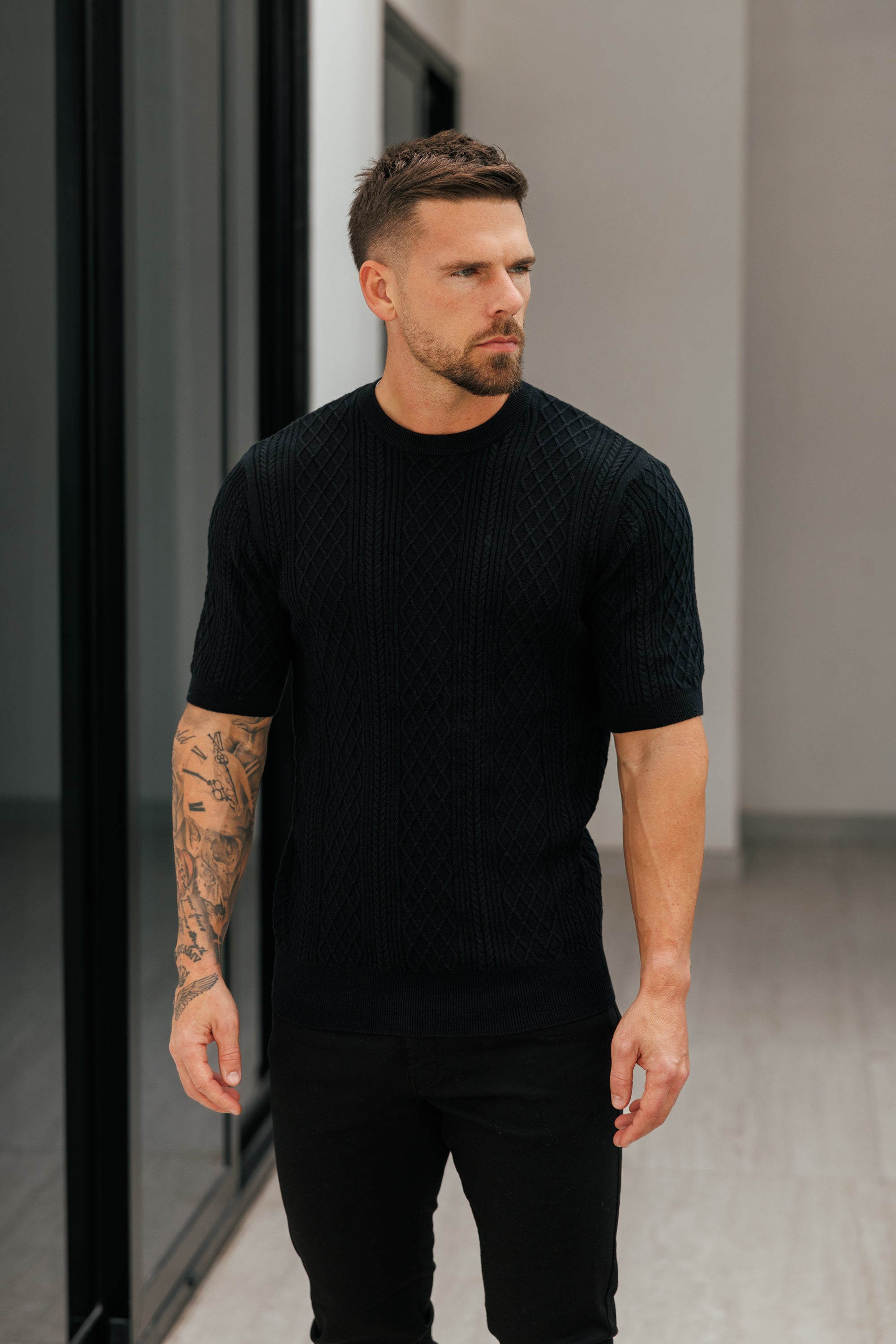 Fine Knit Diamond Black Jumper Short Sleeve - FSA010