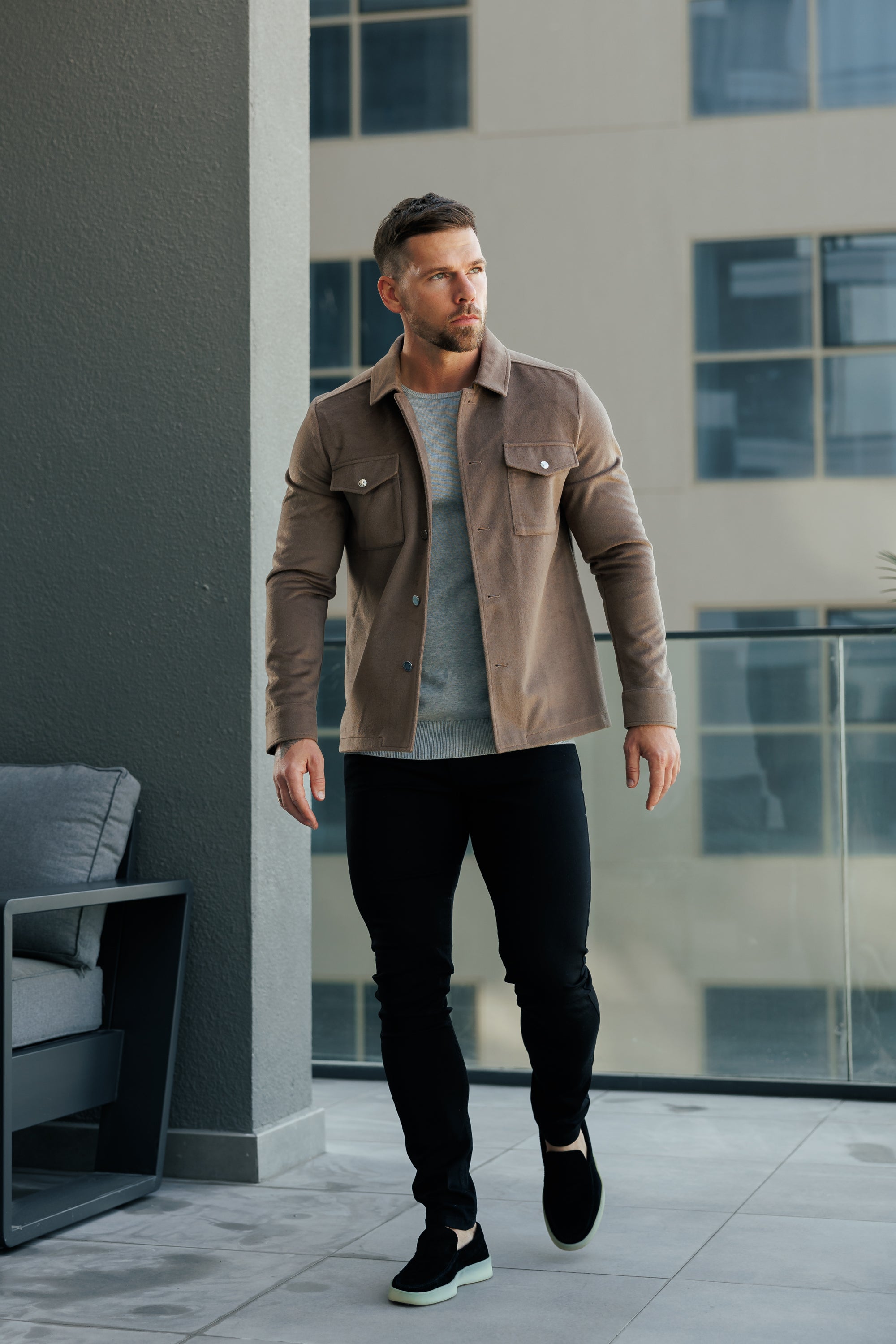 Brushed Button Up Plain Jacket Taupe - FSN184