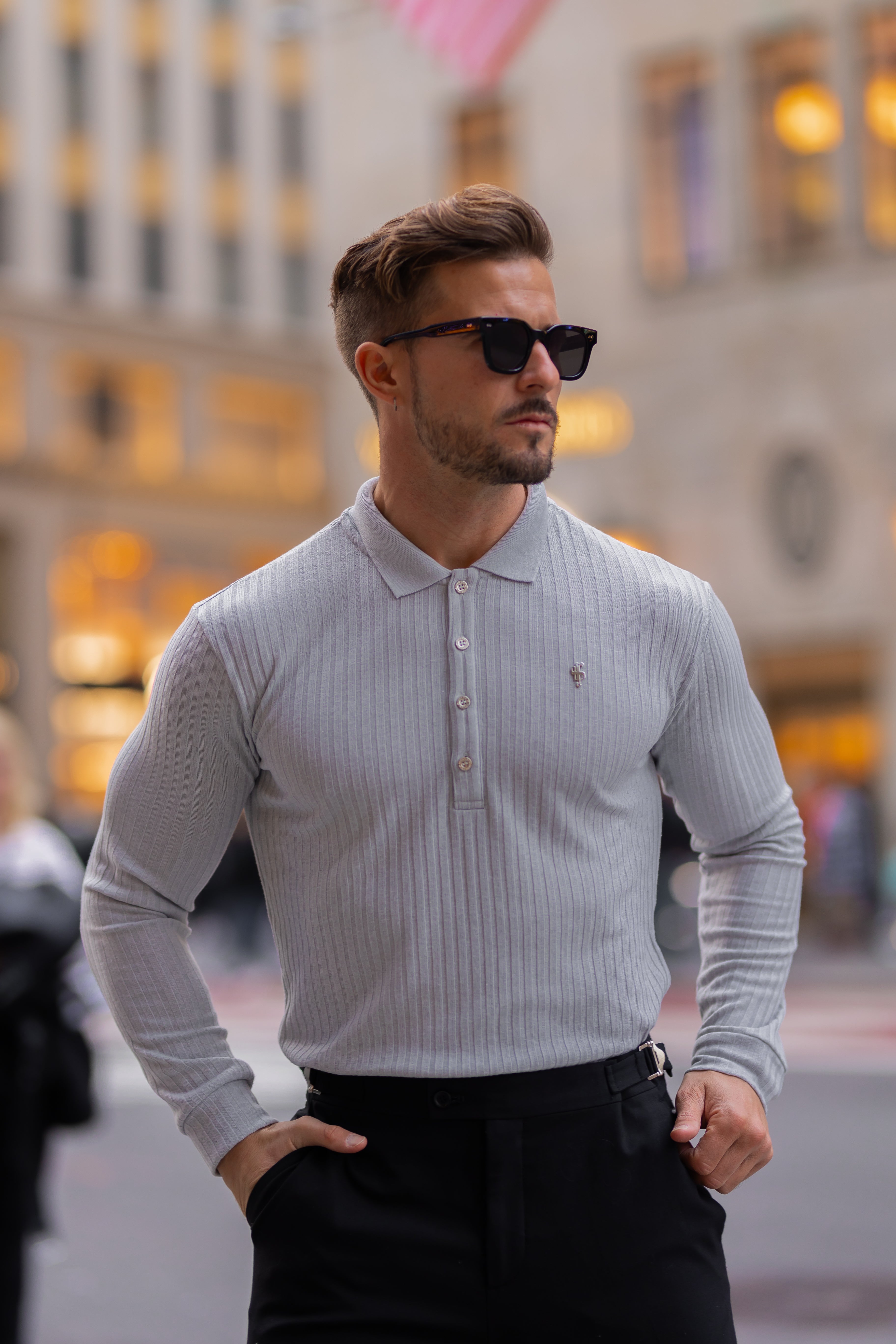 Classic Light Grey Ribbed Polo Shirt Long Sleeve With Silver Decal - FSH973