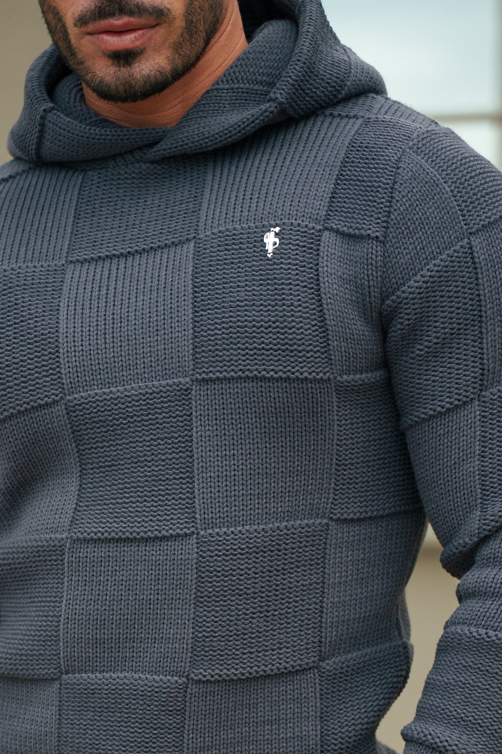 Gunmetal Checkerboard Knitted Hoodie - FSJ136