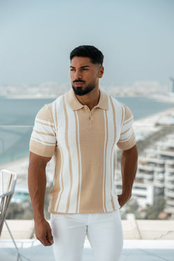 Father Sons Classic Beige / Off White Knitted Vertical Stripe Polo Short Sleeve - FSN107