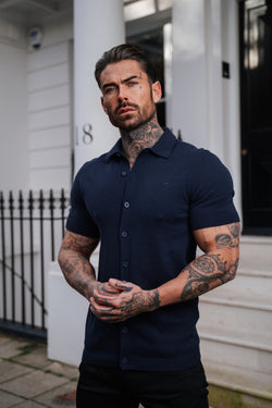 Father Sons Classic Plain Navy Knitted Button Through Polo Short Sleeve - FSN103