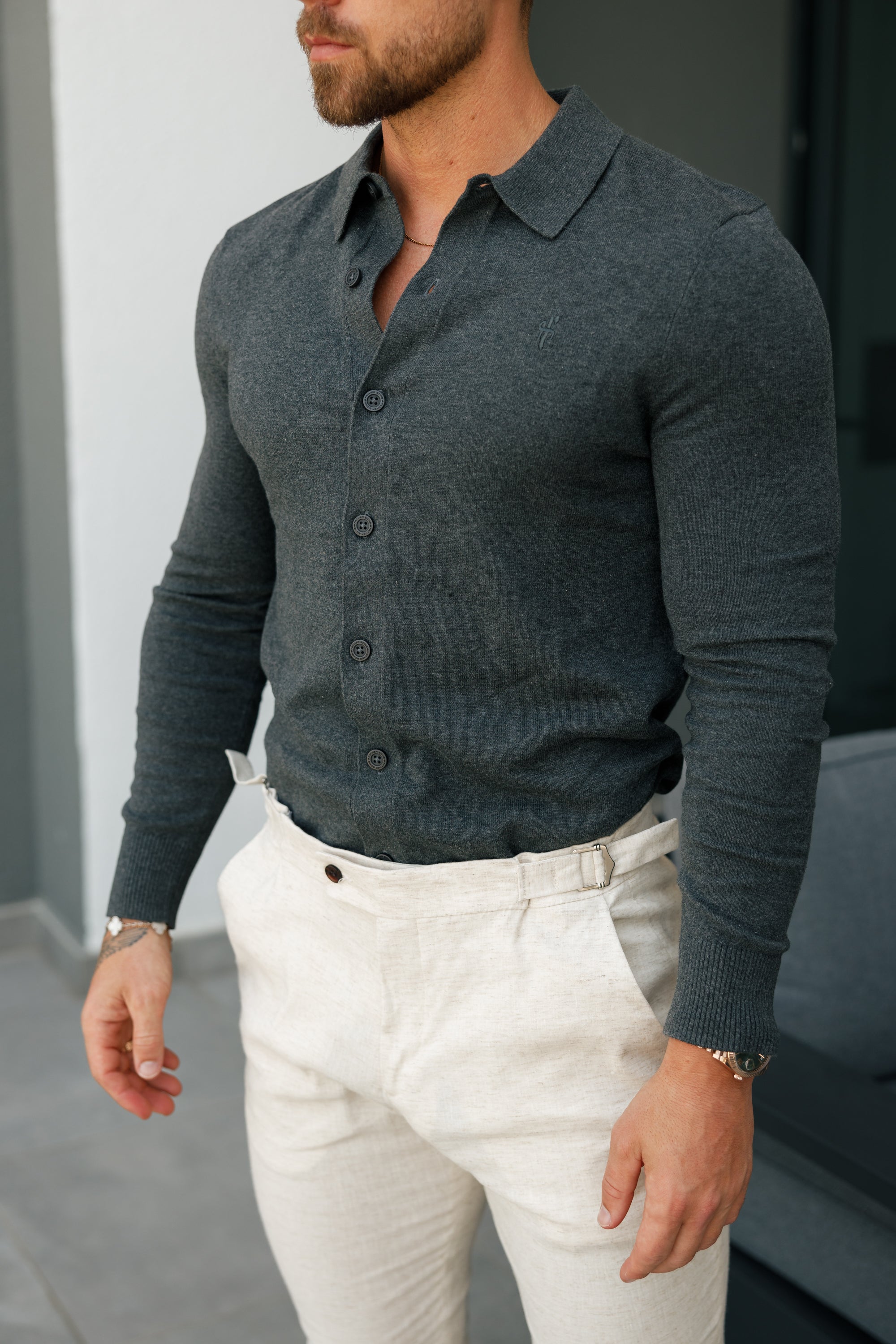 Classic Plain Charcoal Knitted Button Through Polo Long Sleeve - FSN168