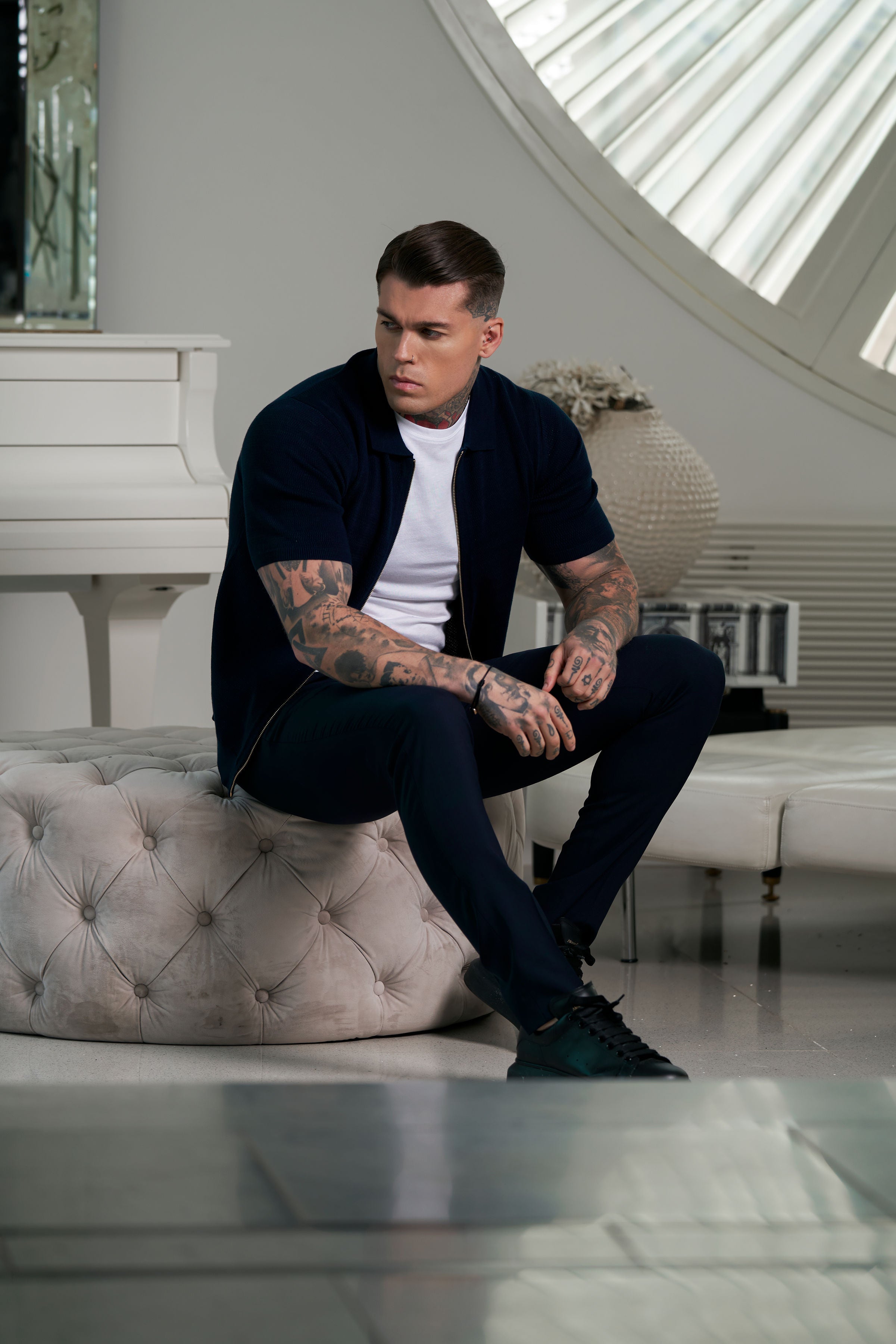 Classic Knitted Textured Design With Full Length Zip Navy Short Sleeve - FSN153