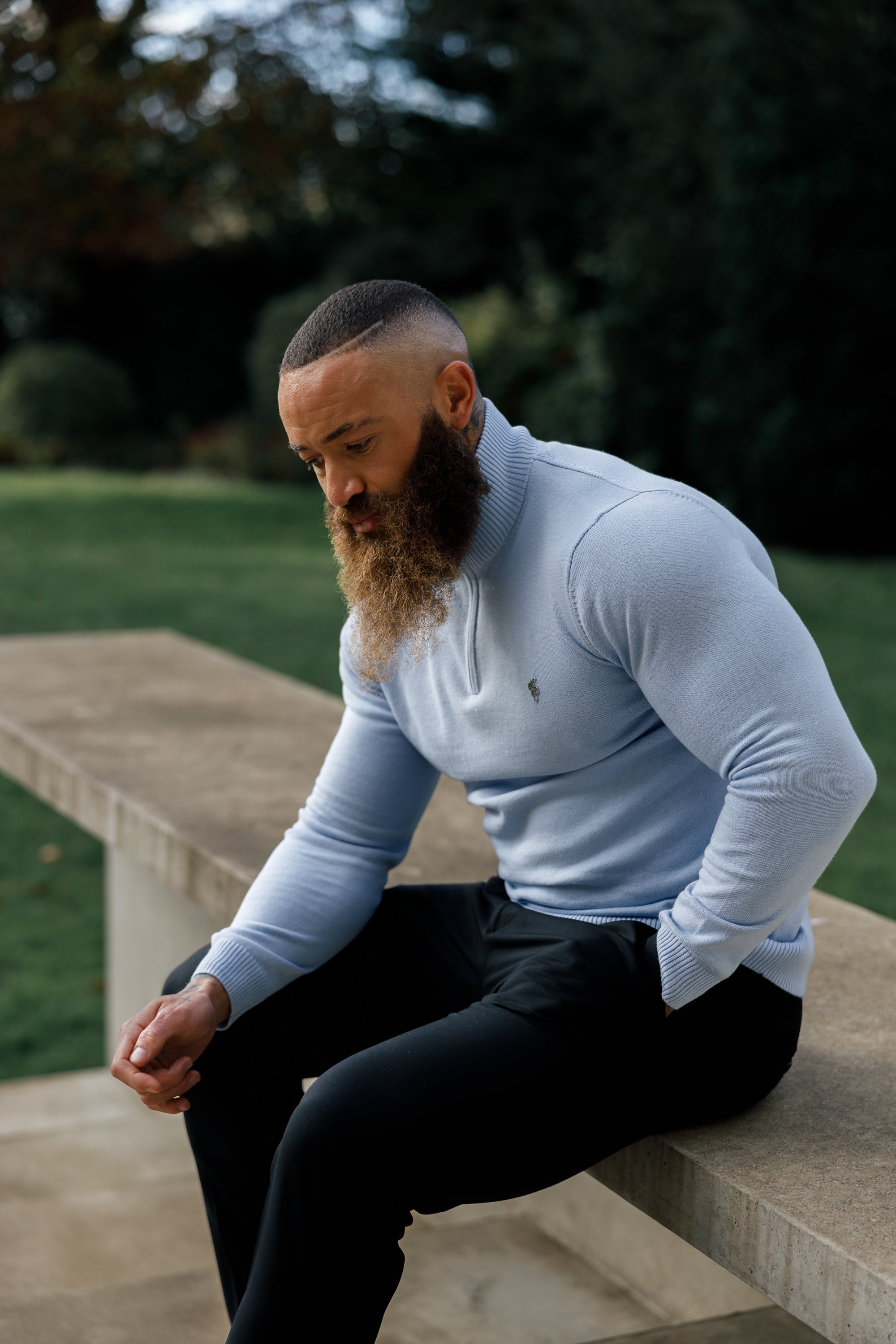 Light Blue Funnel Neck 1/2 Zip Knitted Jumper - FSN119