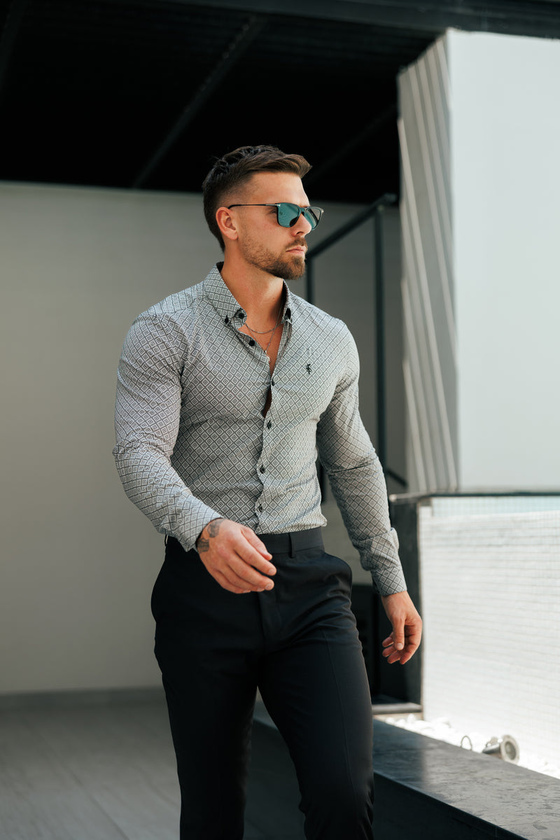 Father Sons Super Slim Stretch Black / White Diamond Print Long Sleeve with Button Down Collar - FS1226