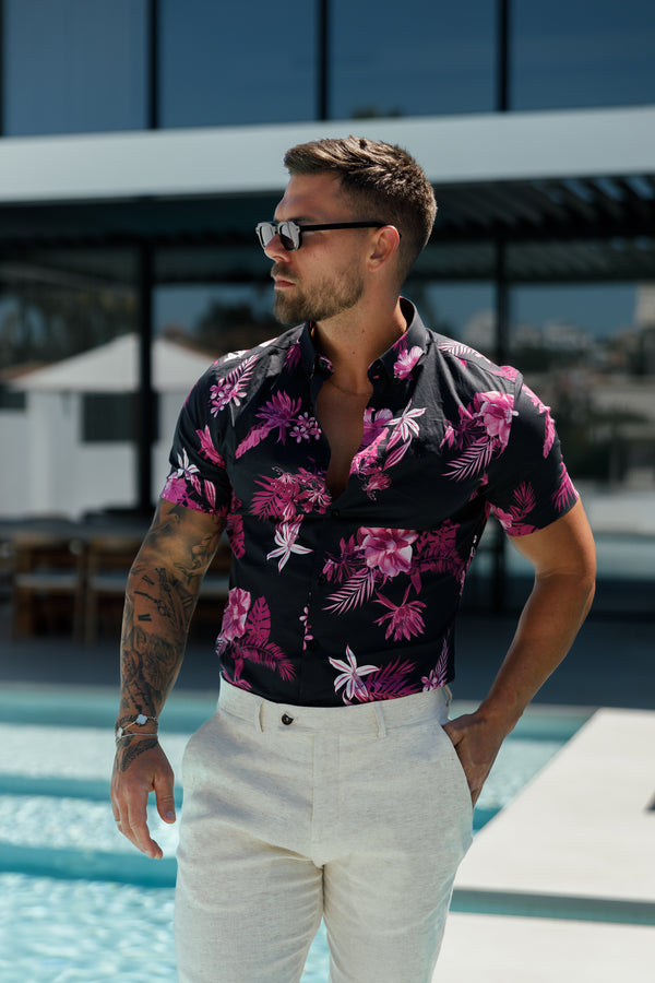 Classic Stretch SS Black / Bright Pink Floral Print Button Down Collar - FS1103  (PRE ORDER 28TH AUGUST)