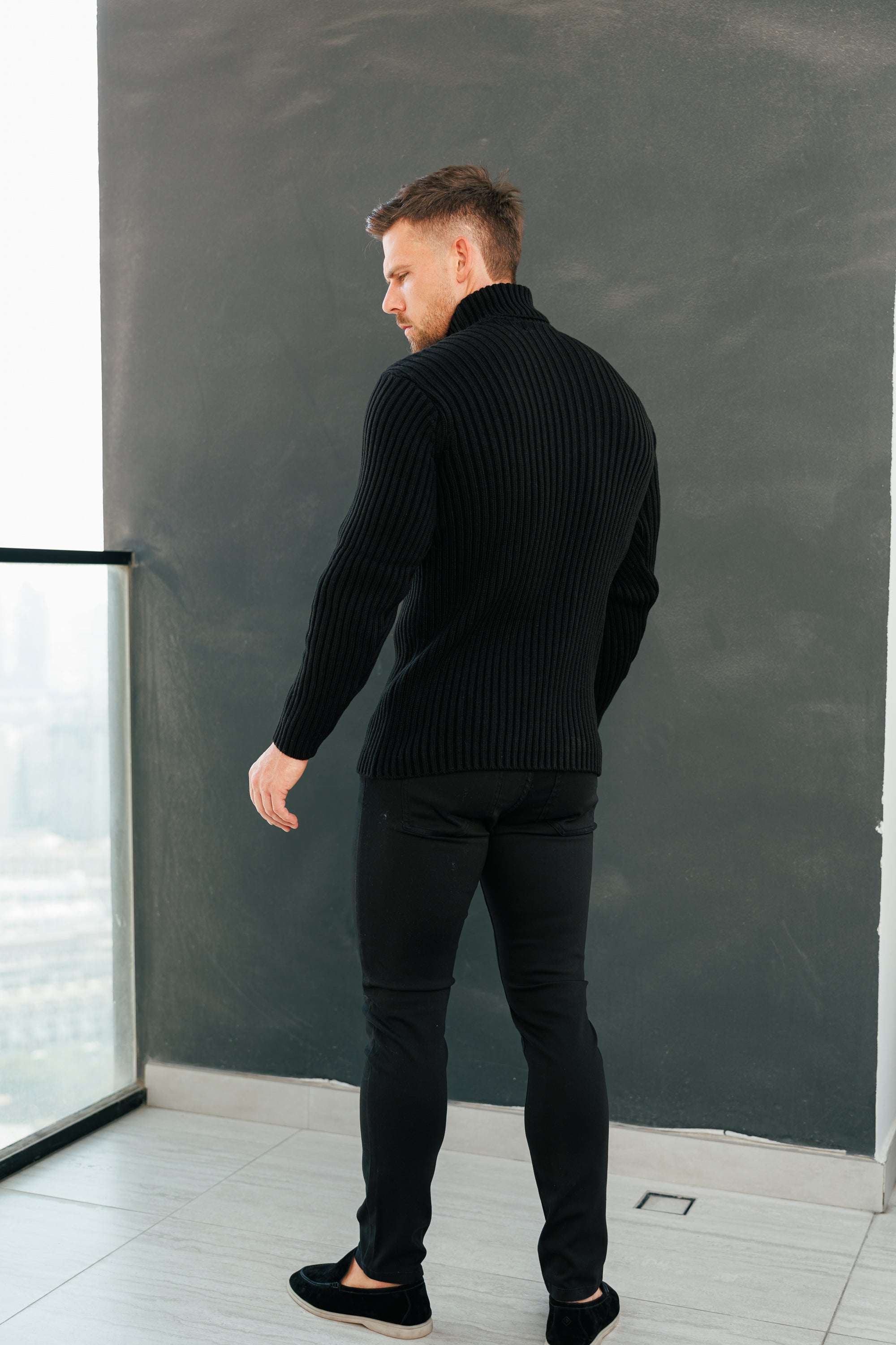 Ribbed Knit Black Roll Neck Jumper - FSJ113