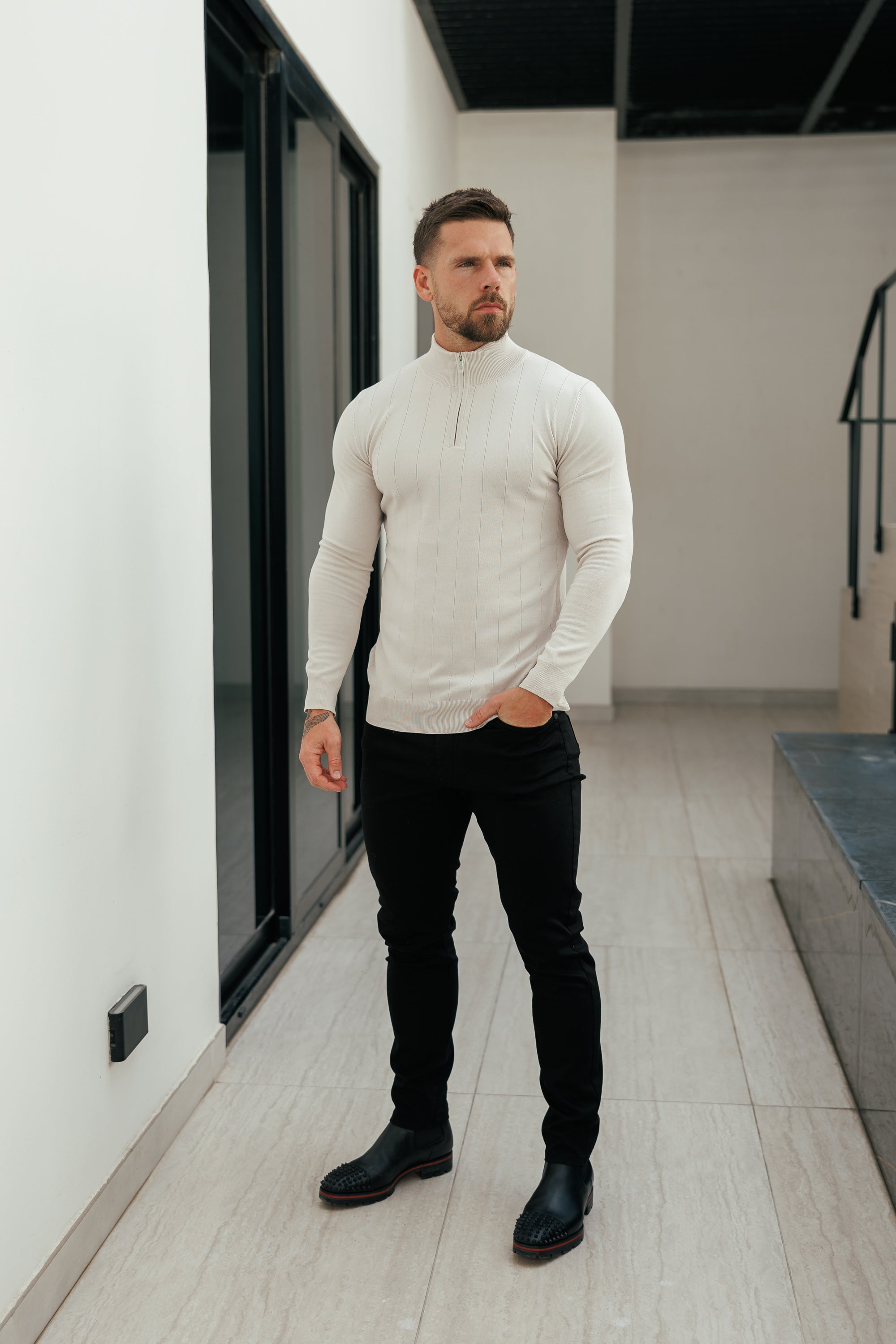 Self Stripe 1/4 Zip Funnel Neck Knit Jumper Cream Long Sleeve  -  FSR052