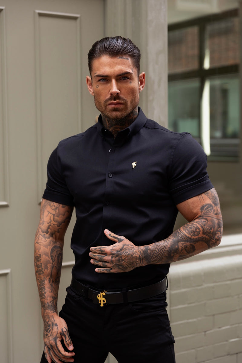 Father Sons Super Slim Stretch Black Denim Short Sleeve with Gold Metal Decal and Button Down Collar - FS1041