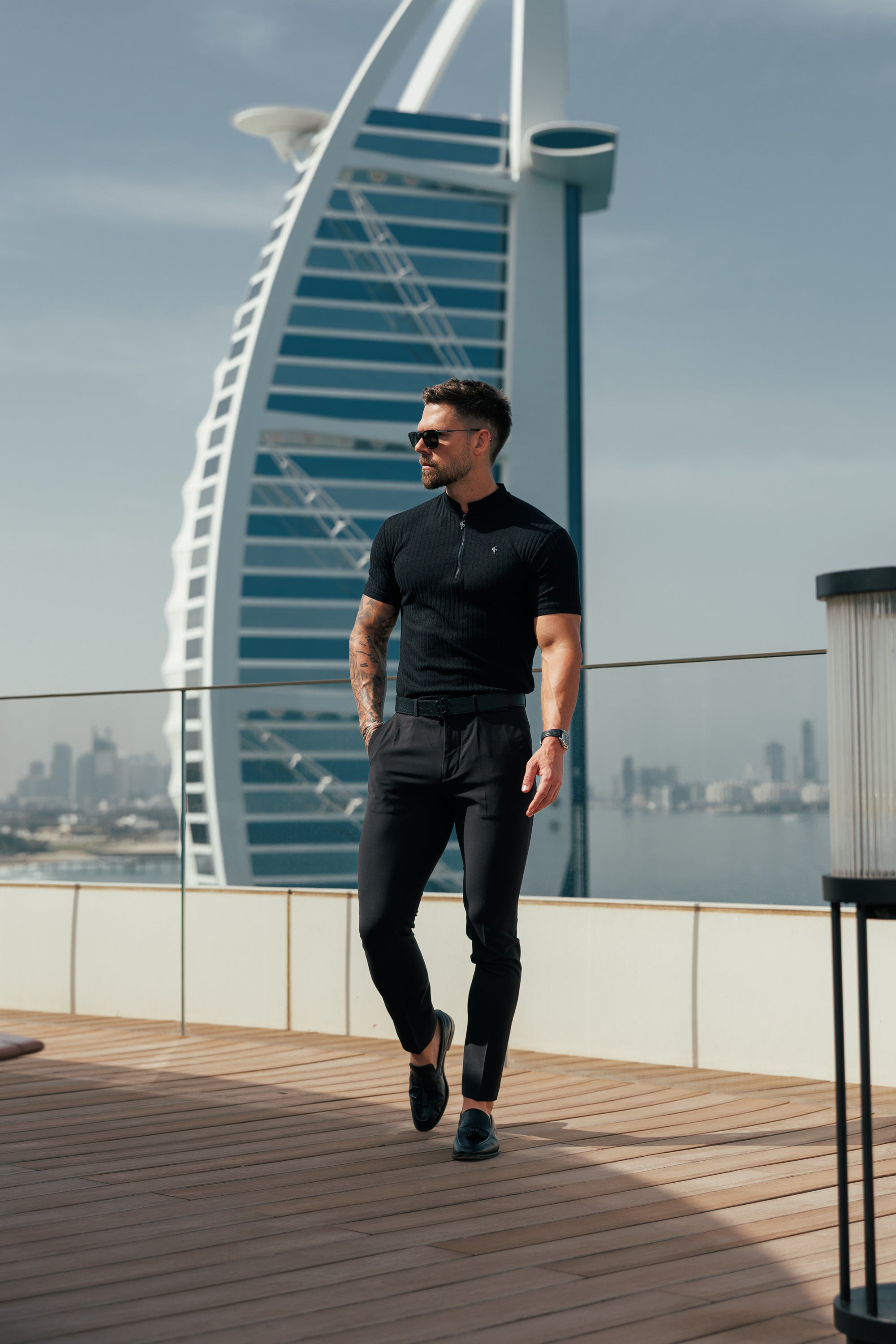 Super Slim Black / Black Ribbed Zip Grandad Collar Shirt Short Sleeve - FSH1446