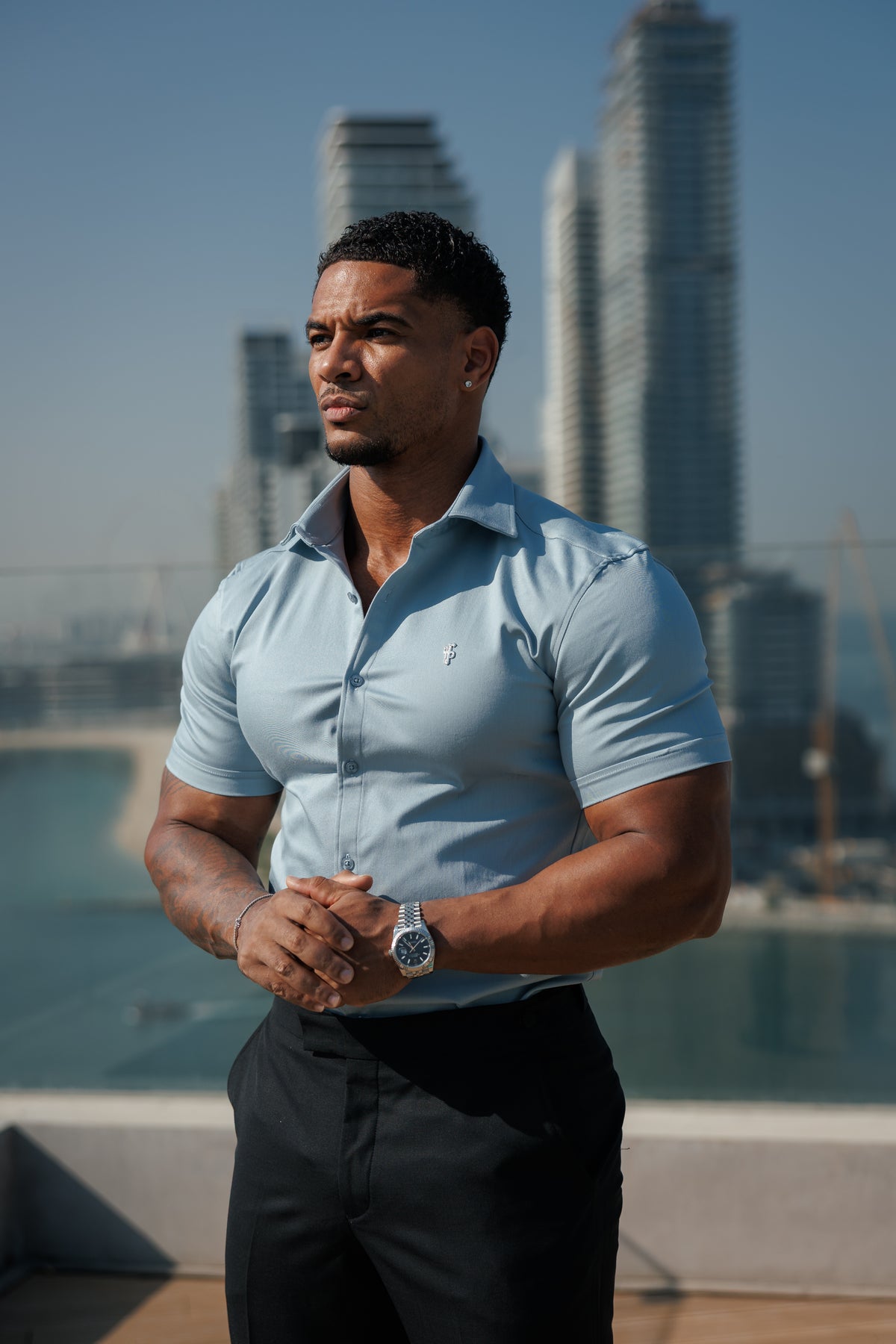 Super Slim Stretch Steel Blue Denim Short Sleeve with Silver Metal Decal and Cutaway Collar - FS1321