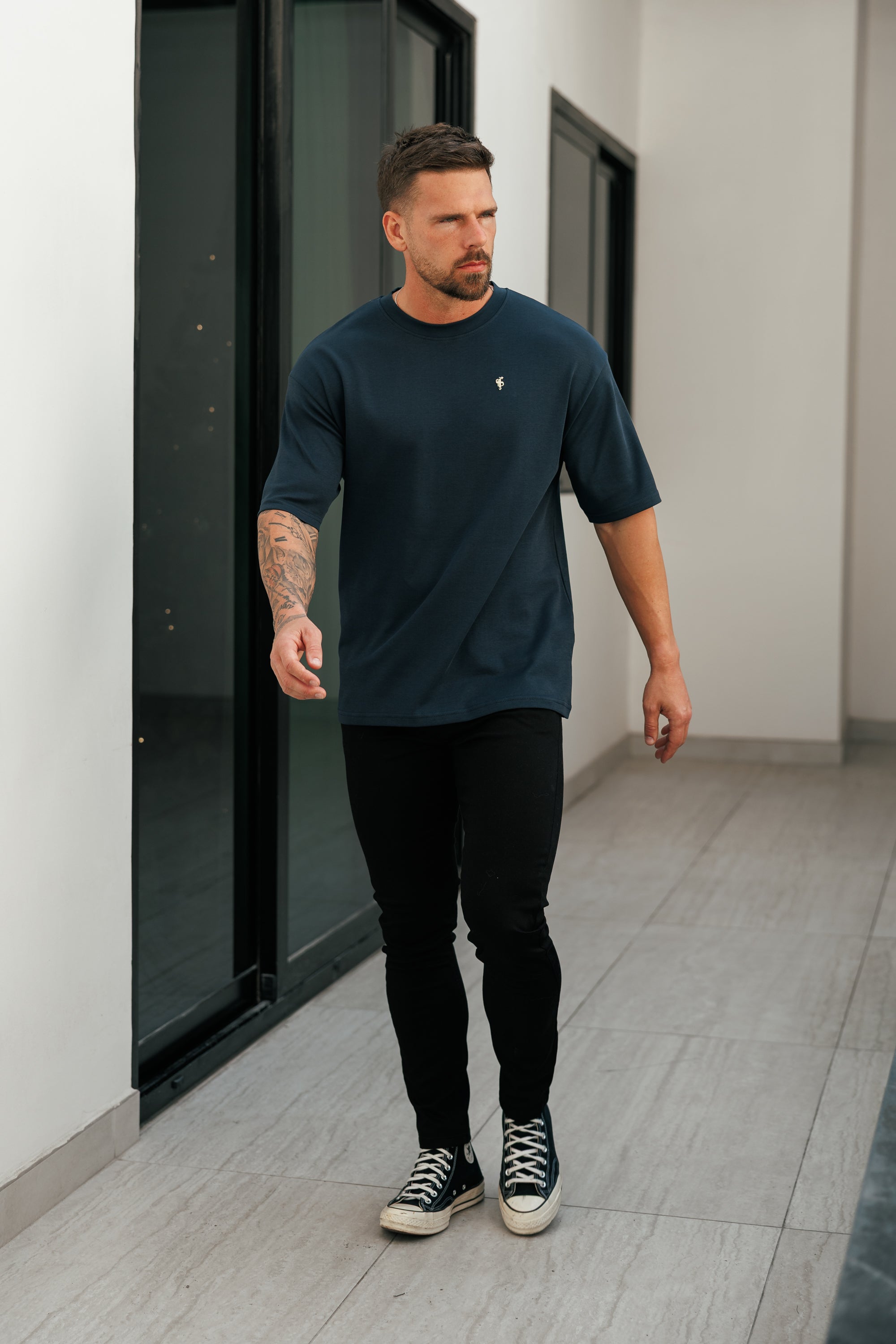 Navy / Gold Oversized Crew T Shirt - FSH1422