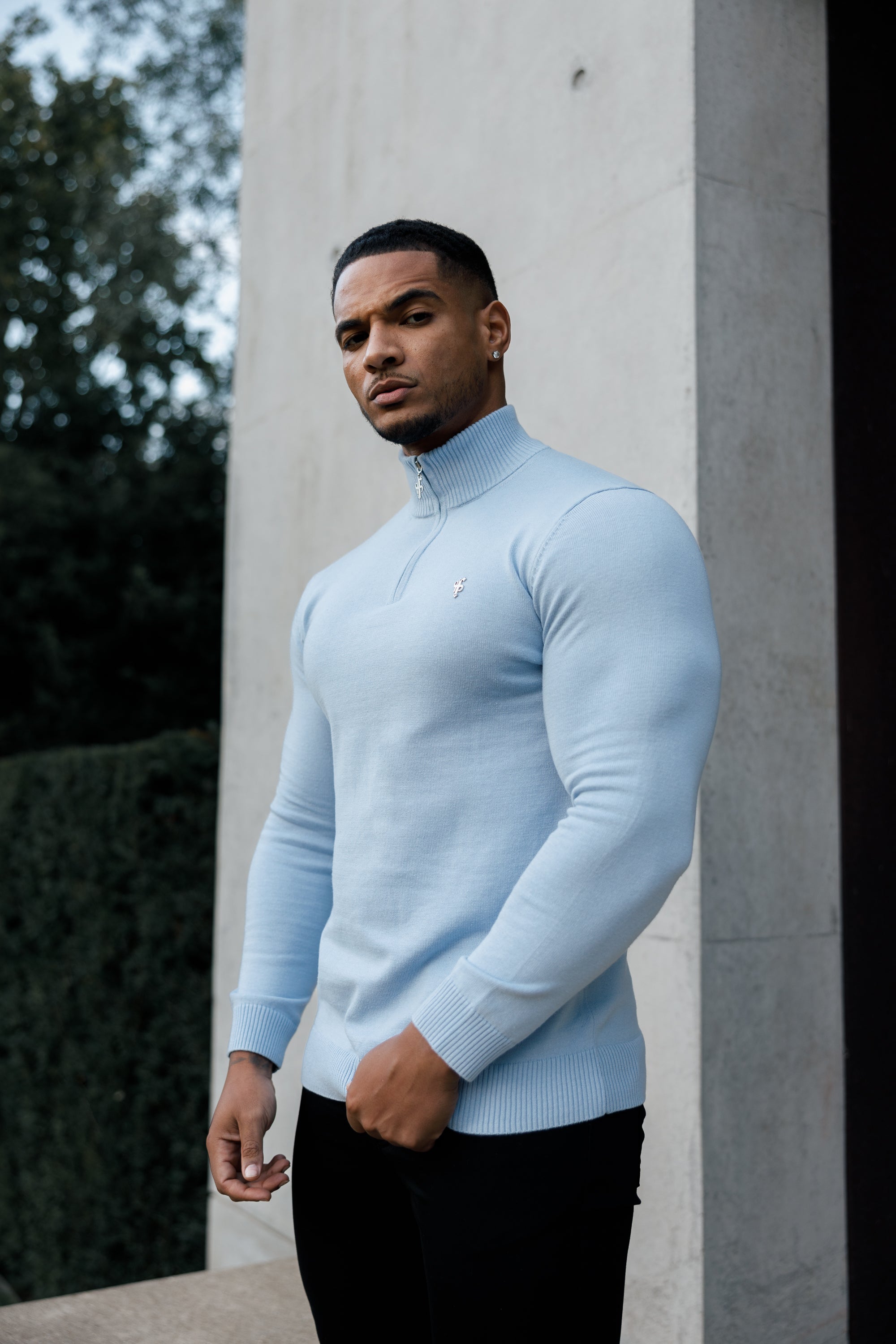 Light Blue Funnel Neck 1/2 Zip Knitted Jumper - FSN119