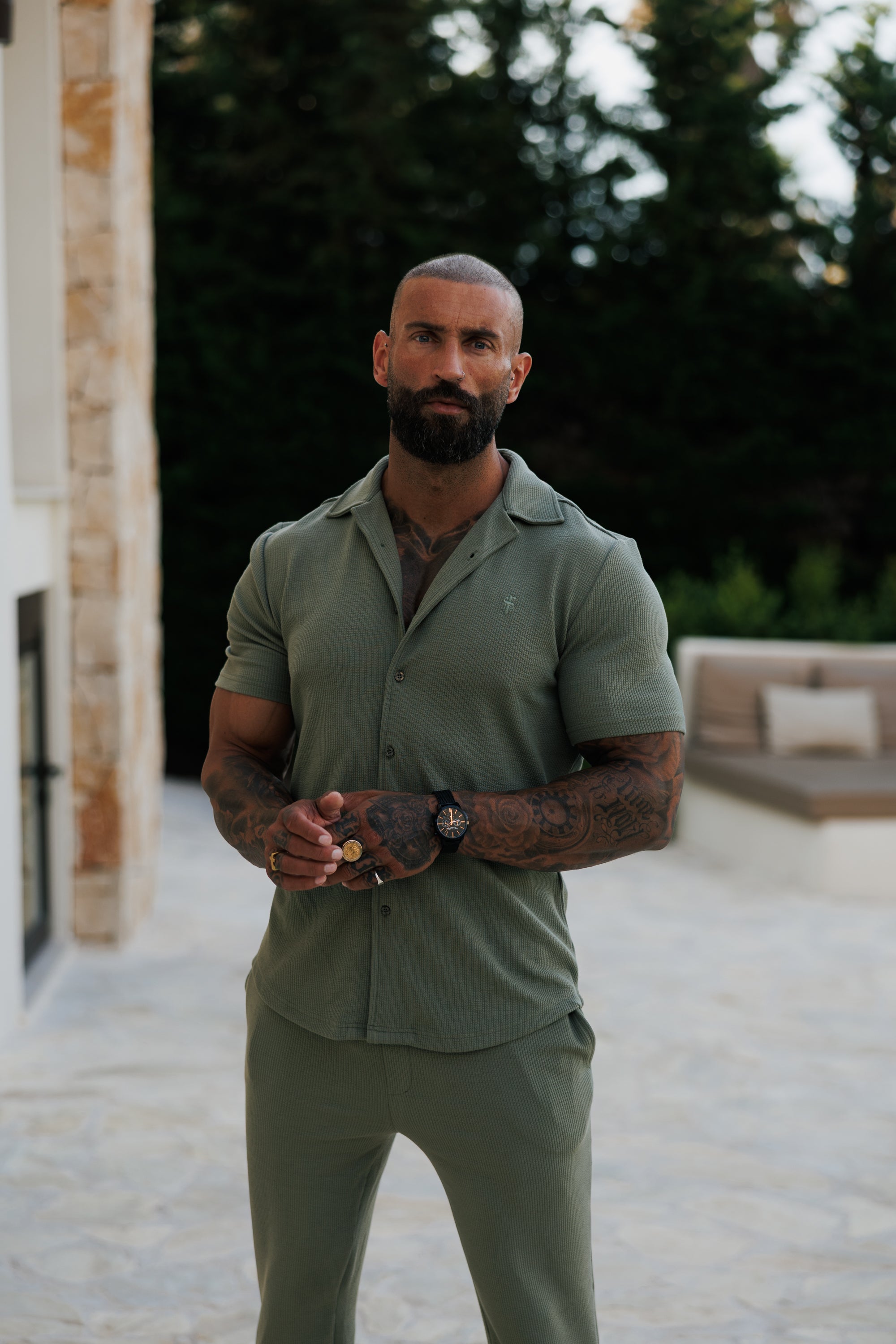 Jersey Cord Stretch Olive Revere Shirt Short Sleeve - FSR072 (PRE ORDER 30TH JUNE)