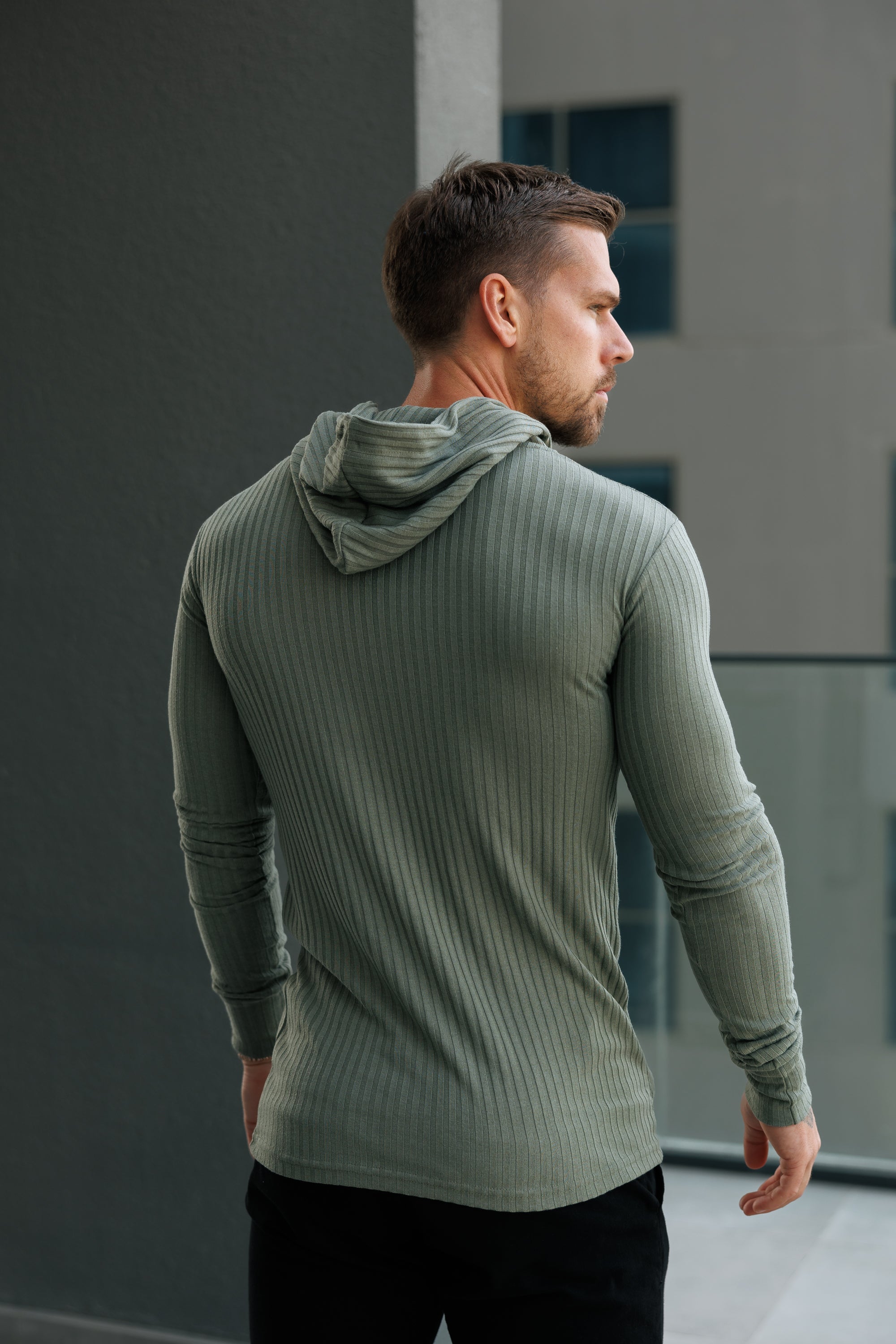 Classic Olive Ribbed Knit Hoodie Jumper With Black Emblem - FSH1308