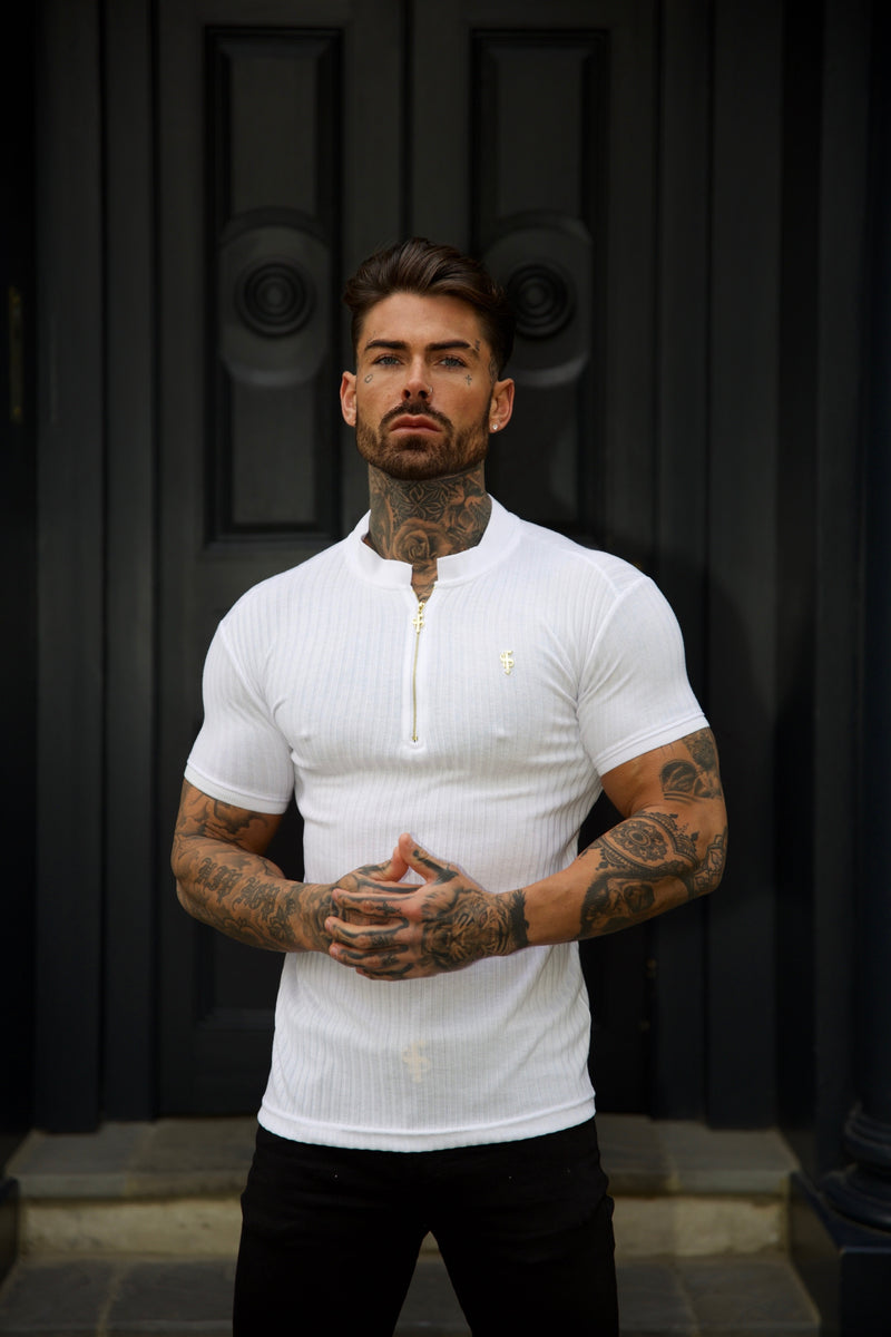 Father Sons Classic White / White Ribbed Gold Zip Grandad Collar Shirt Short Sleeve - FSH915