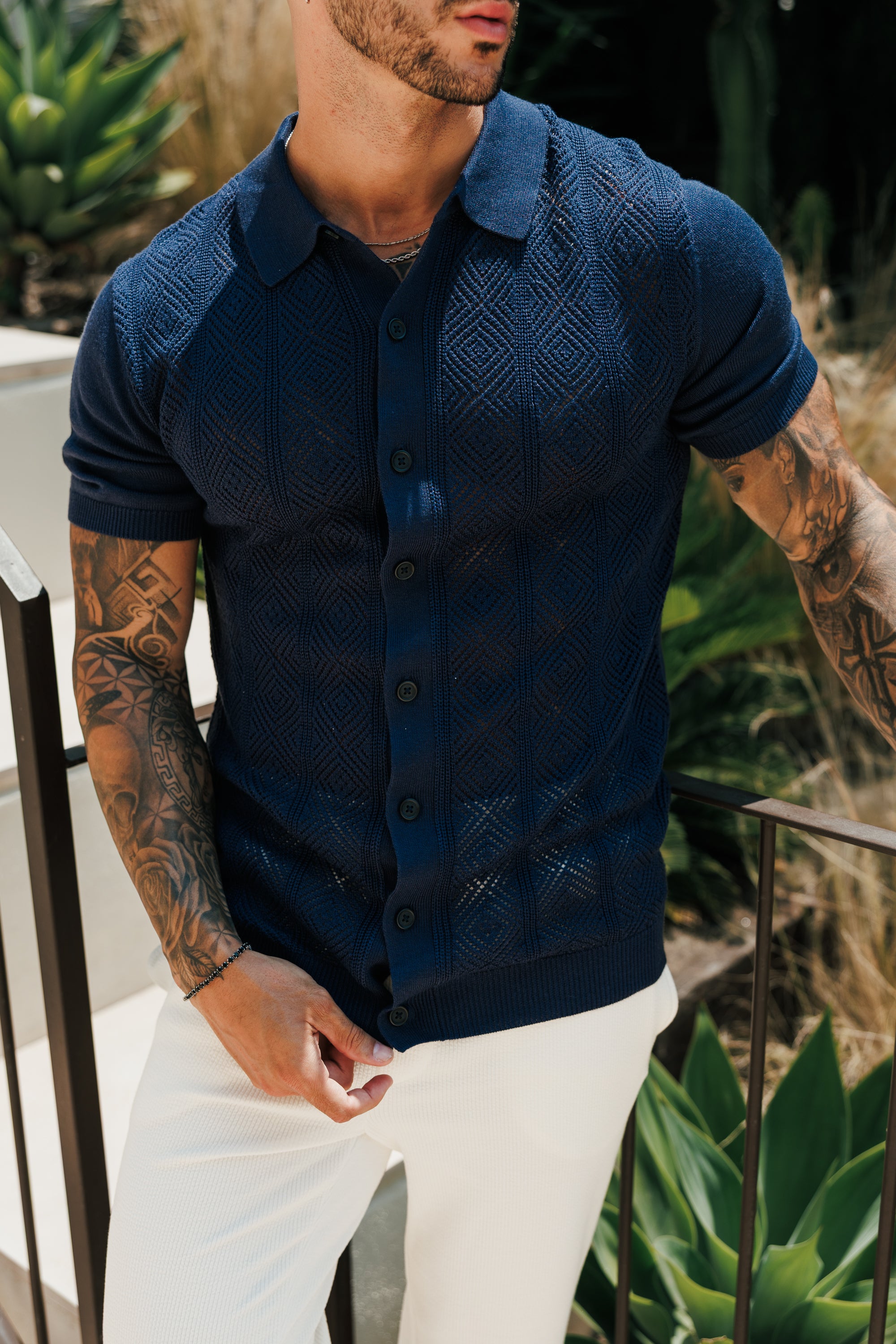 Navy Diamond Stripe Perforated Shirt Short Sleeve - FSA023 (PRE ORDER 31ST AUGUST)