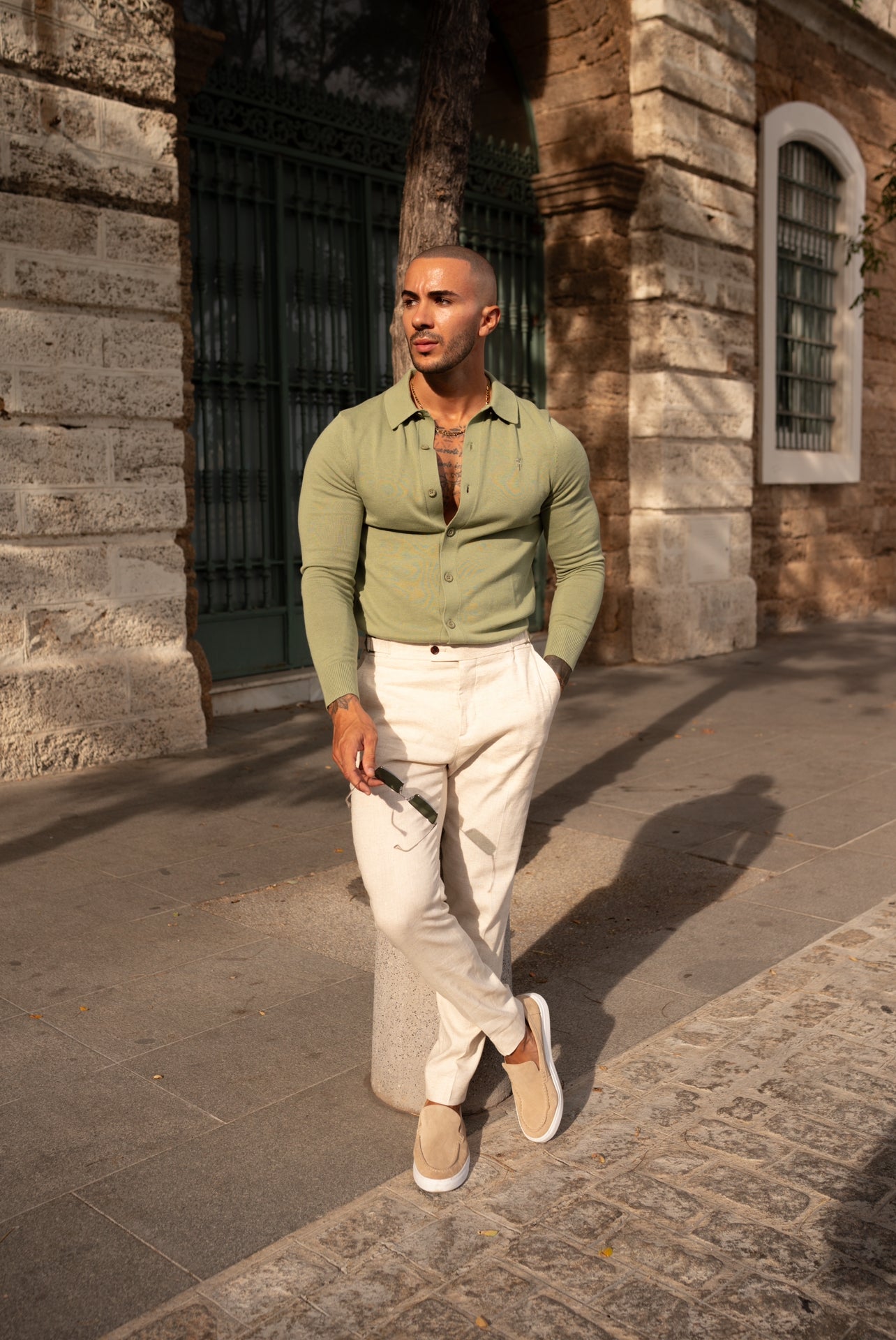 Classic Plain Olive Knitted Button Through Polo Long Sleeve - FSN170