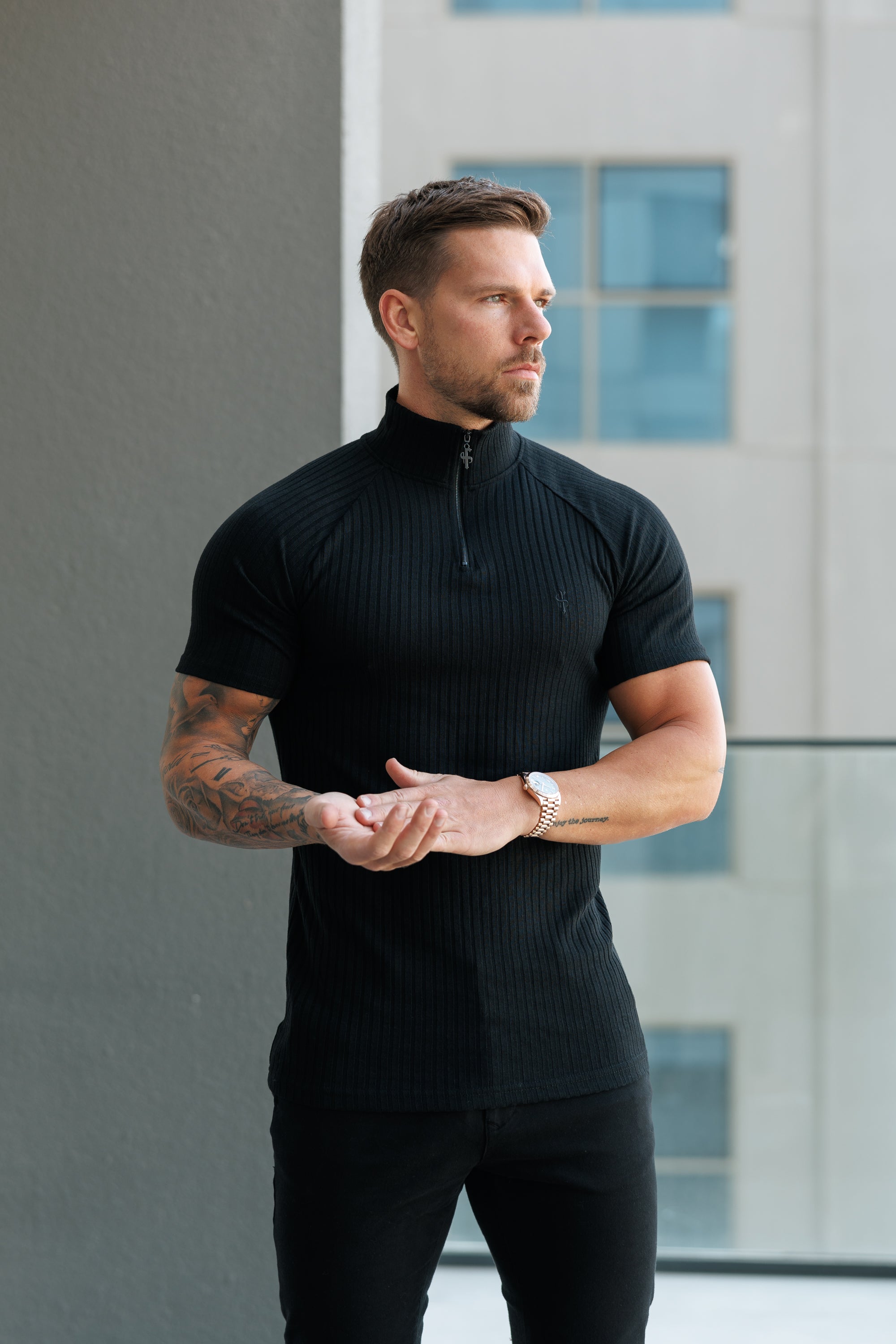 Classic Black Ribbed Zip Funnel Neck Raglan Short Sleeve Crew - FSH729