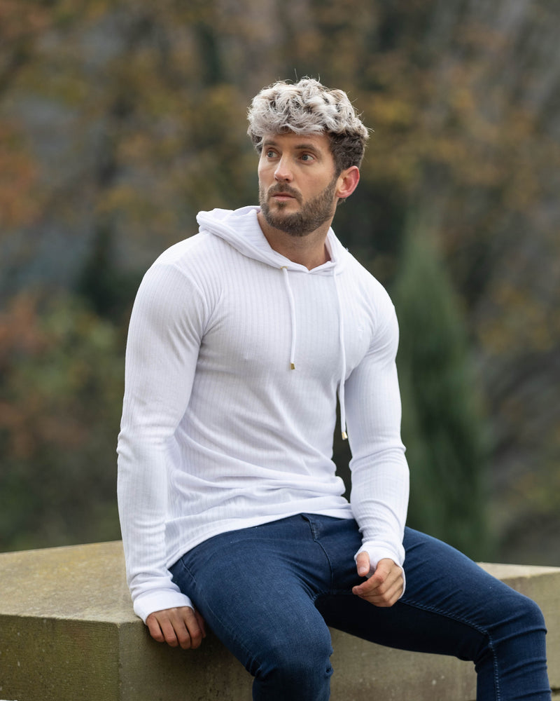 Father Sons Classic White Ribbed Knit Hoodie Jumper - FSH903