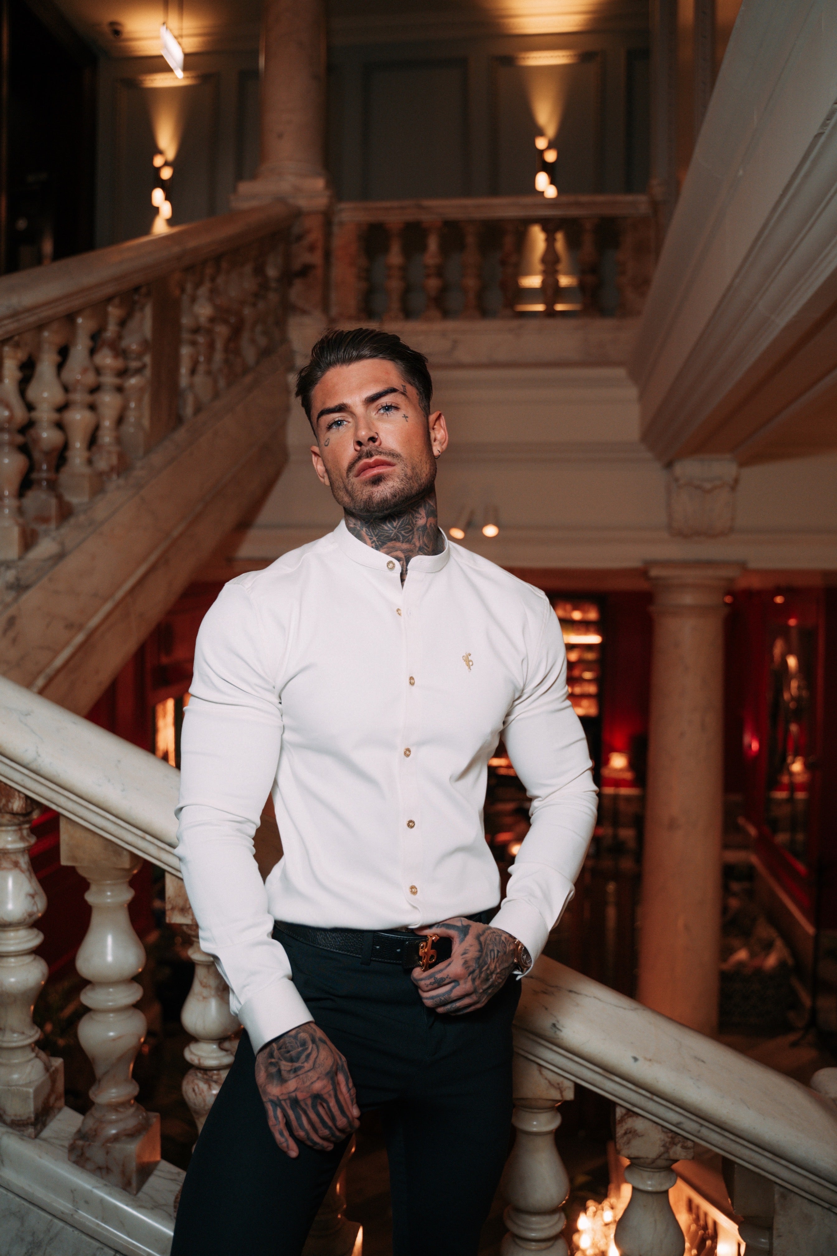 Super Slim Stretch Cream Denim Long Sleeve With Grandad Collar and Gold Metal Buttons and Decal  - FS970