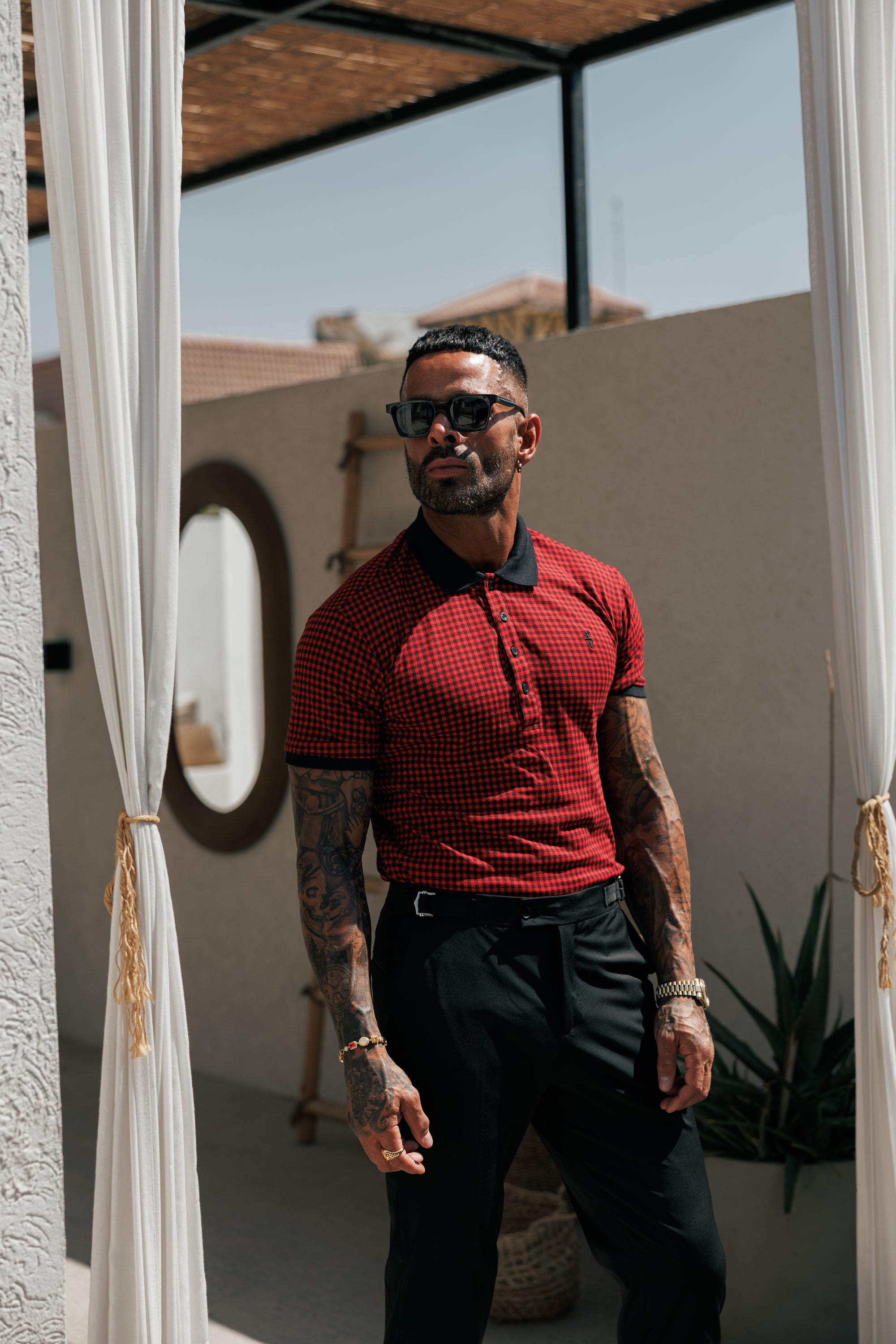 Black / Red Printed Check Polo Shirt - FSH1259