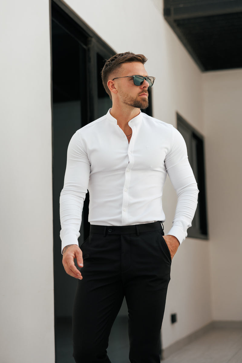 FS Super Slim Scuba White Long Sleeve Stretch with Grandad Collar - FS1170