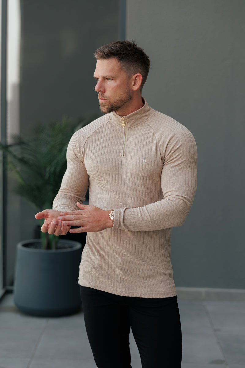 FS Classic Beige Ribbed Zip Funnel Neck Raglan Long Sleeve Crew - FSH1299