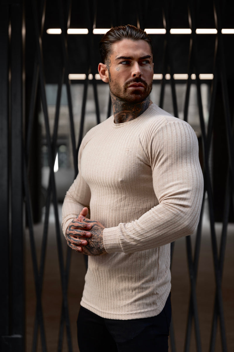 Father Sons Classic Beige Ribbed Knit Jumper With Tonal Embroidery - FSH950
