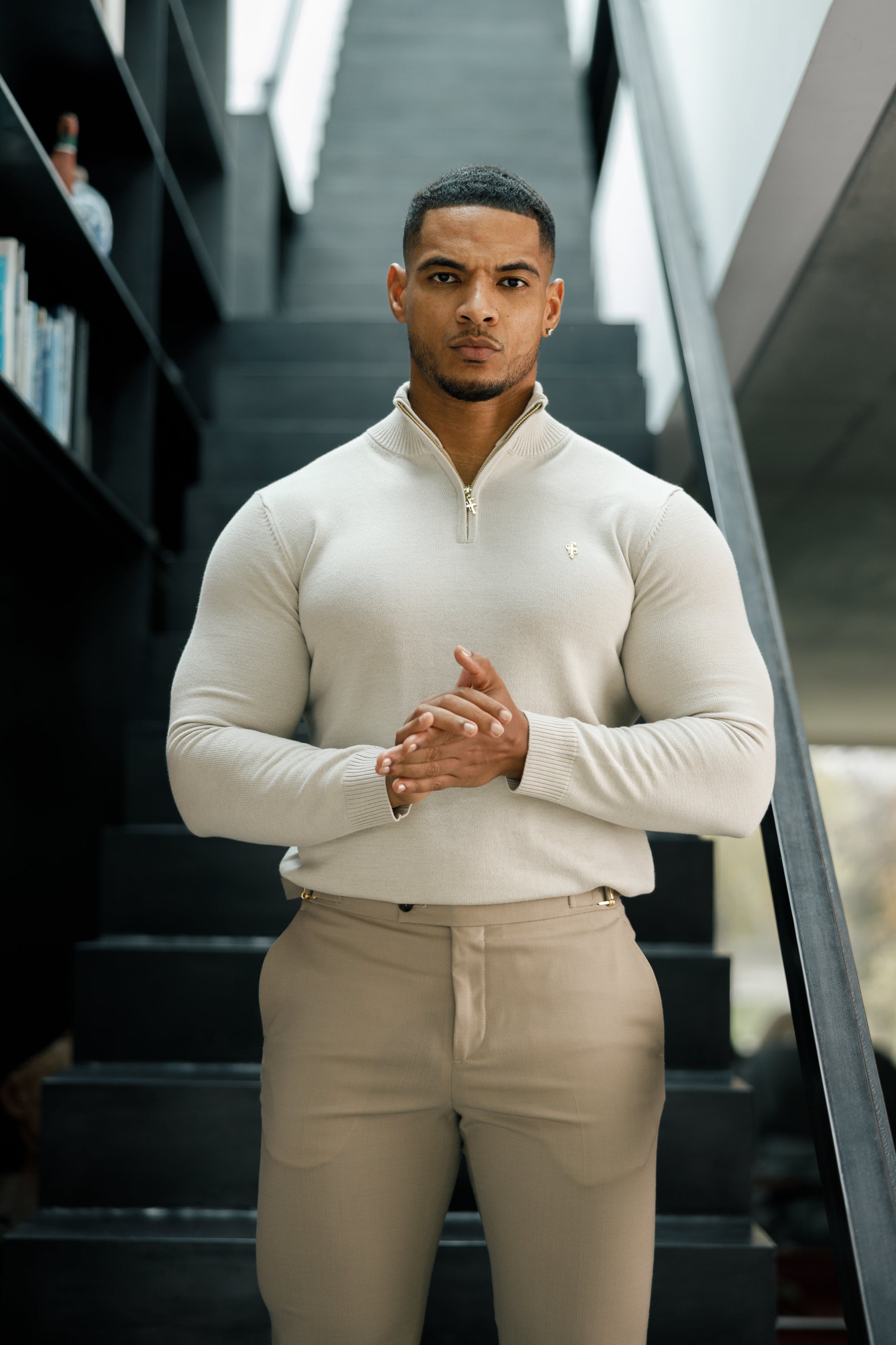 Beige Funnel Neck 1/2 Zip Knitted Jumper - FSN118