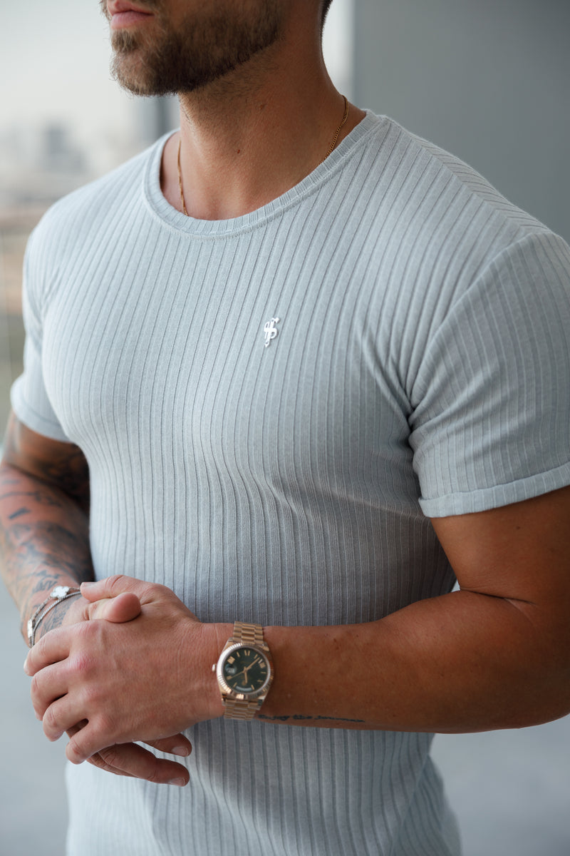 Father Sons Classic Light Grey / Silver Ribbed Knit Super Slim Short Sleeve Crew - FSH1085