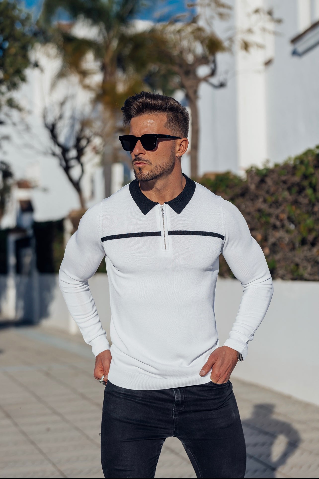 Classic White / Black Horizontal Stripe Zipped Polo Long Sleeve - FSN050