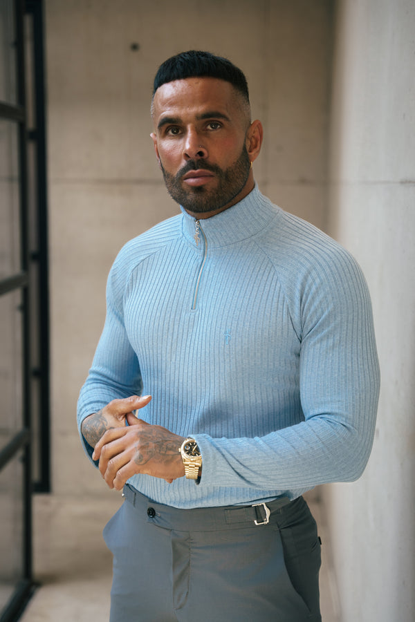 FS Classic Light Blue Ribbed Zip Funnel Neck Raglan Long Sleeve Crew - FSH1298 (PRE ORDER 16TH DECEMBER)