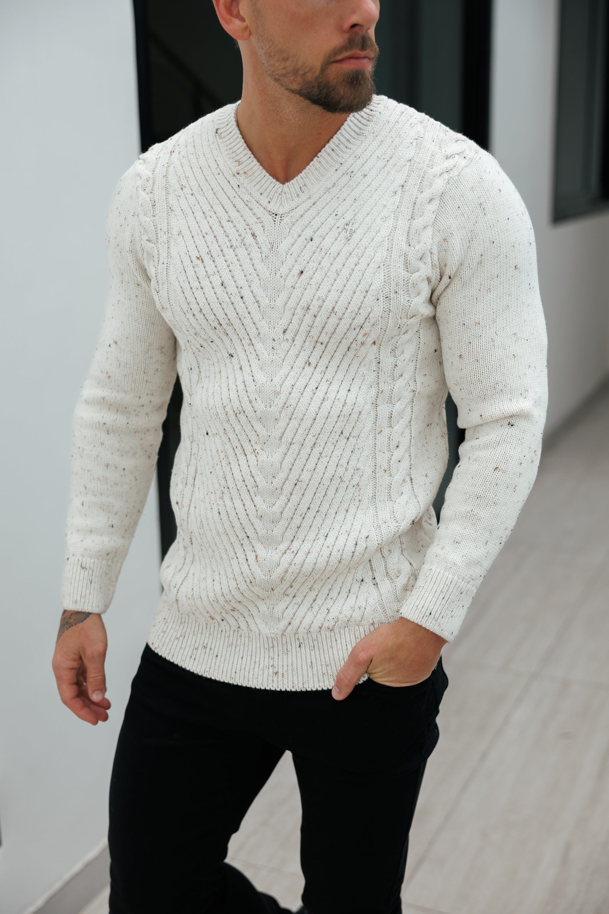 Chevron Front Beige Fleck V Neck Jumper - FSJ153