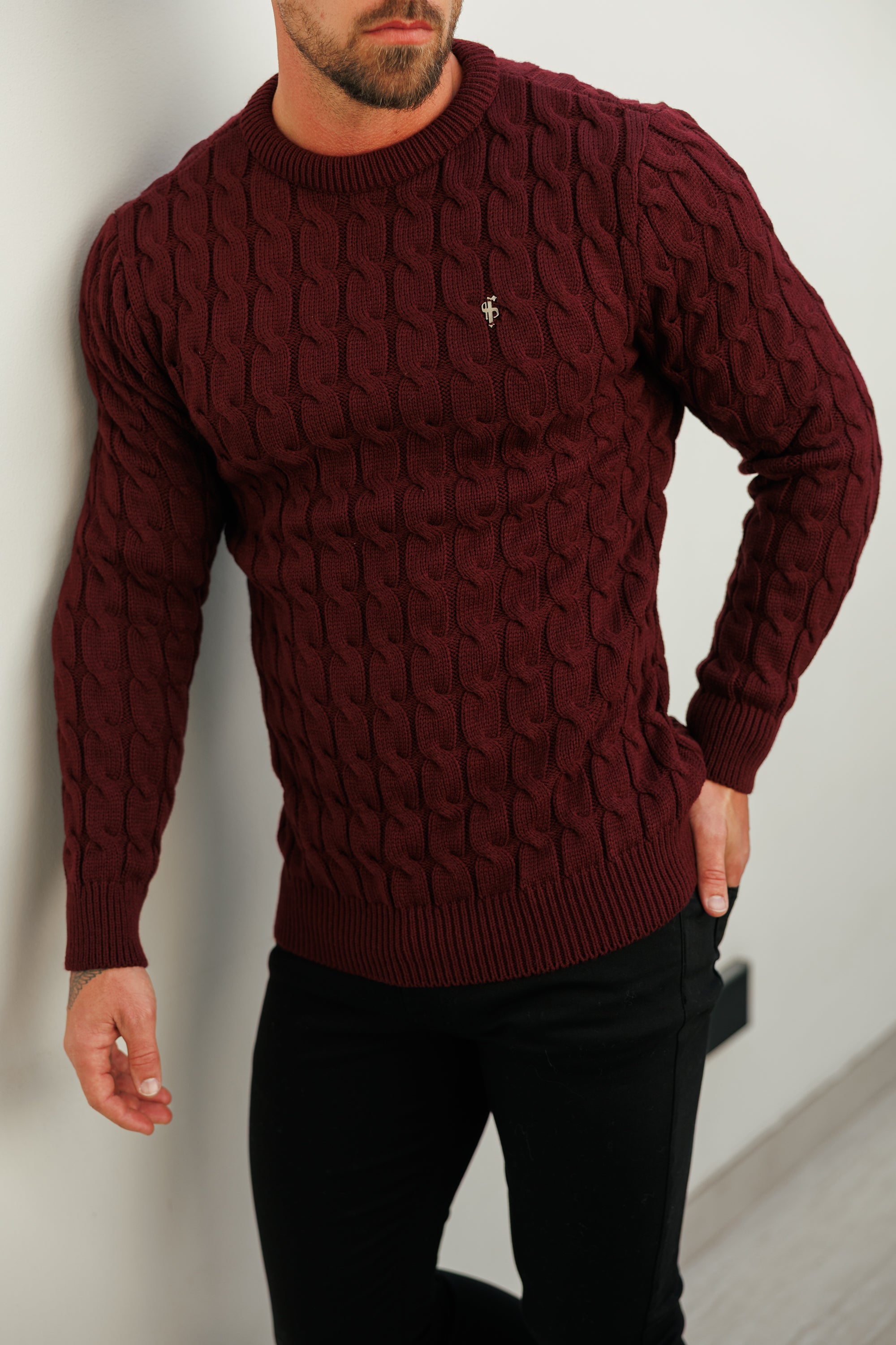 Link Weave Knit Wine Crew Neck Jumper - FSJ131
