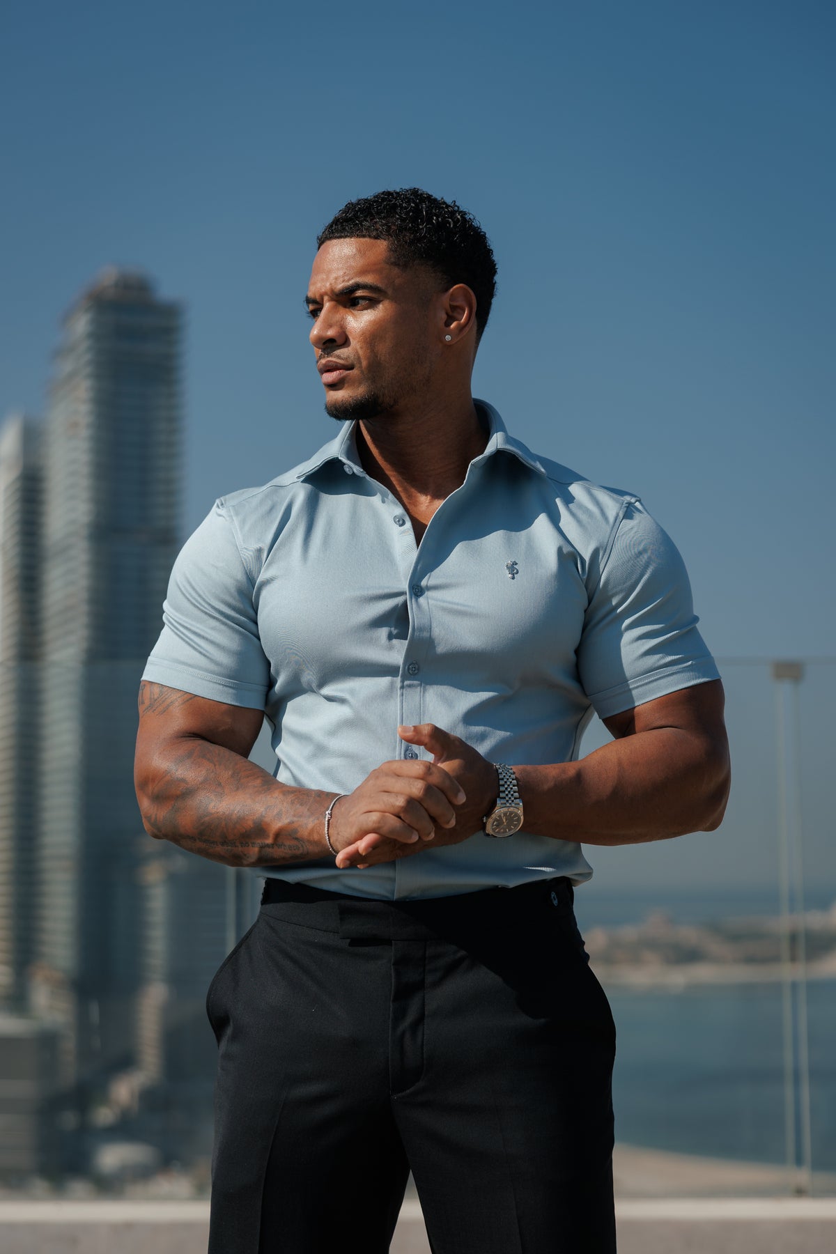 Super Slim Stretch Steel Blue Denim Short Sleeve with Silver Metal Decal and Cutaway Collar - FS1321