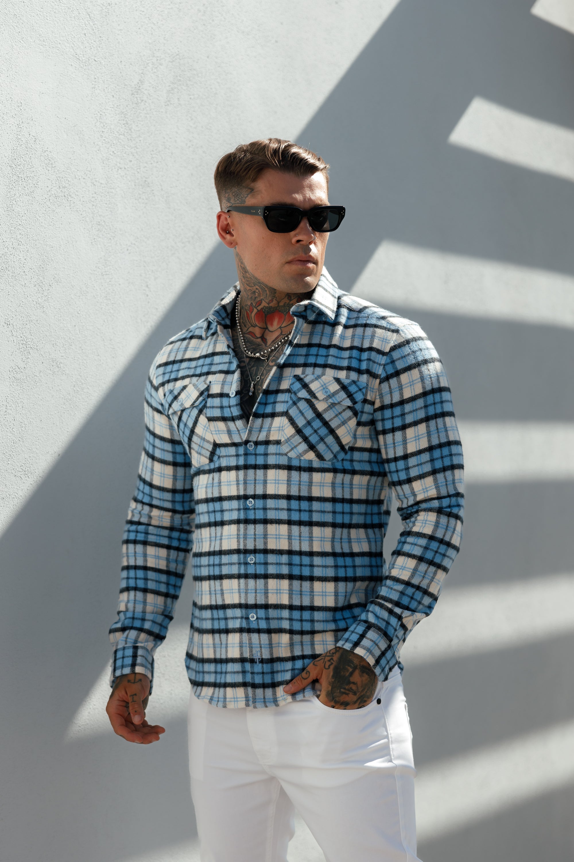 Light Blue Check Shacket With Double Pockets - FS1072