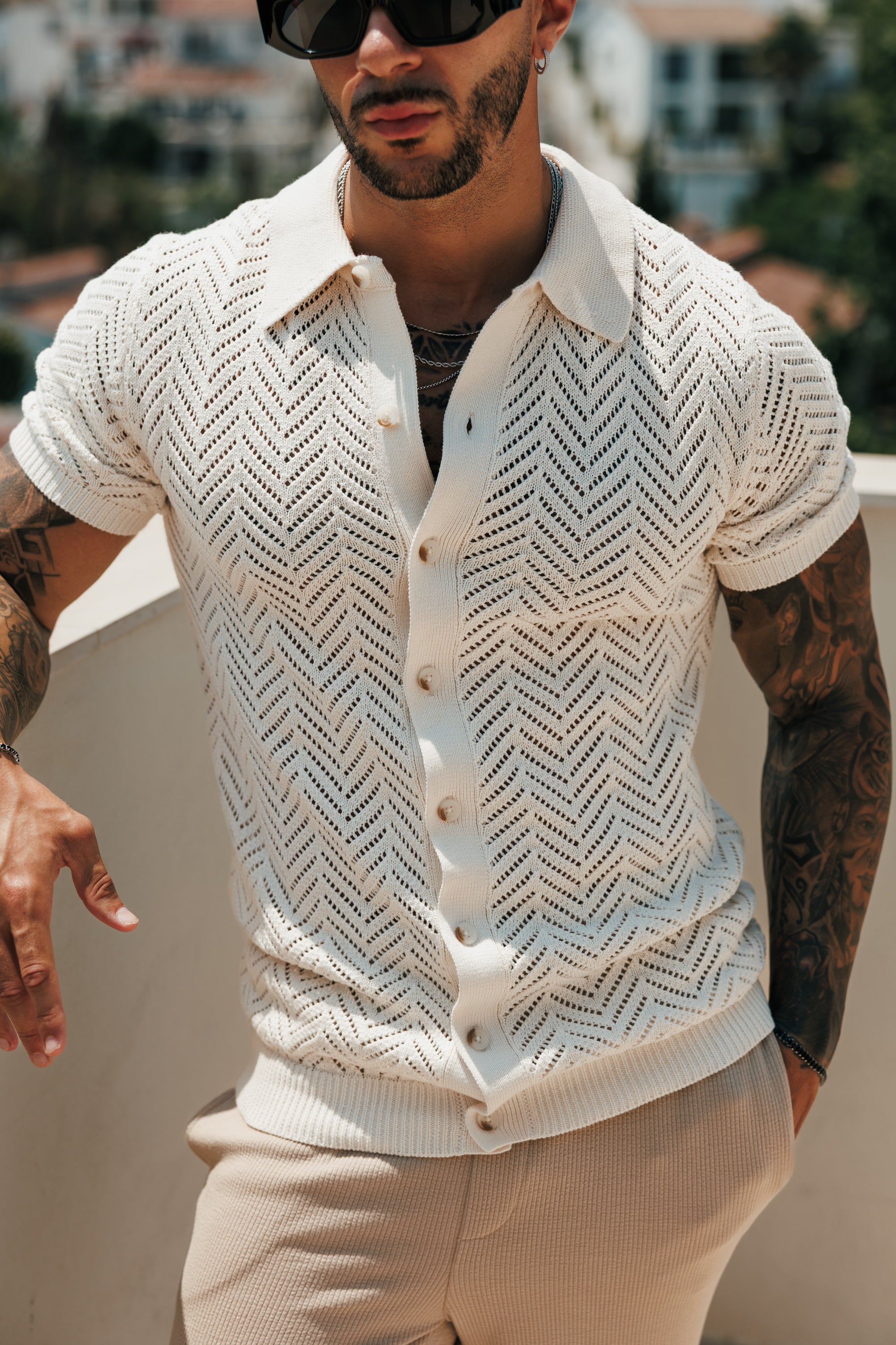 Cream Chevron Perforated Shirt Short Sleeve - FSA015 (PRE ORDER 31ST AUGUST)