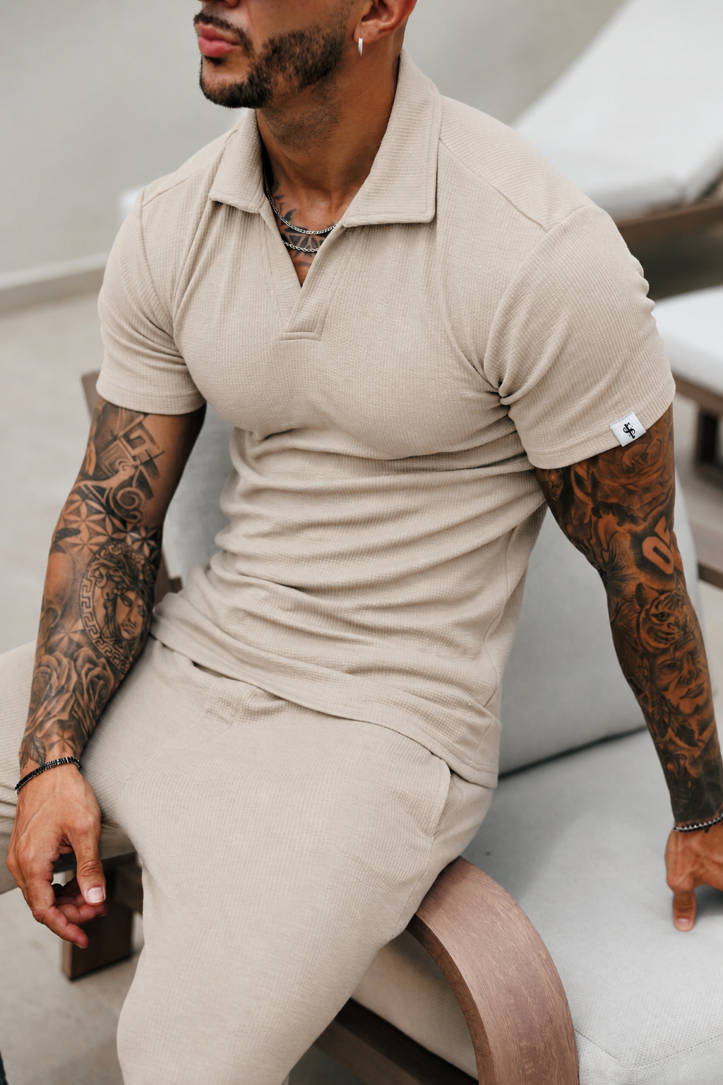 Beige Jersey Cord Revere Polo Short Sleeve - FSR150