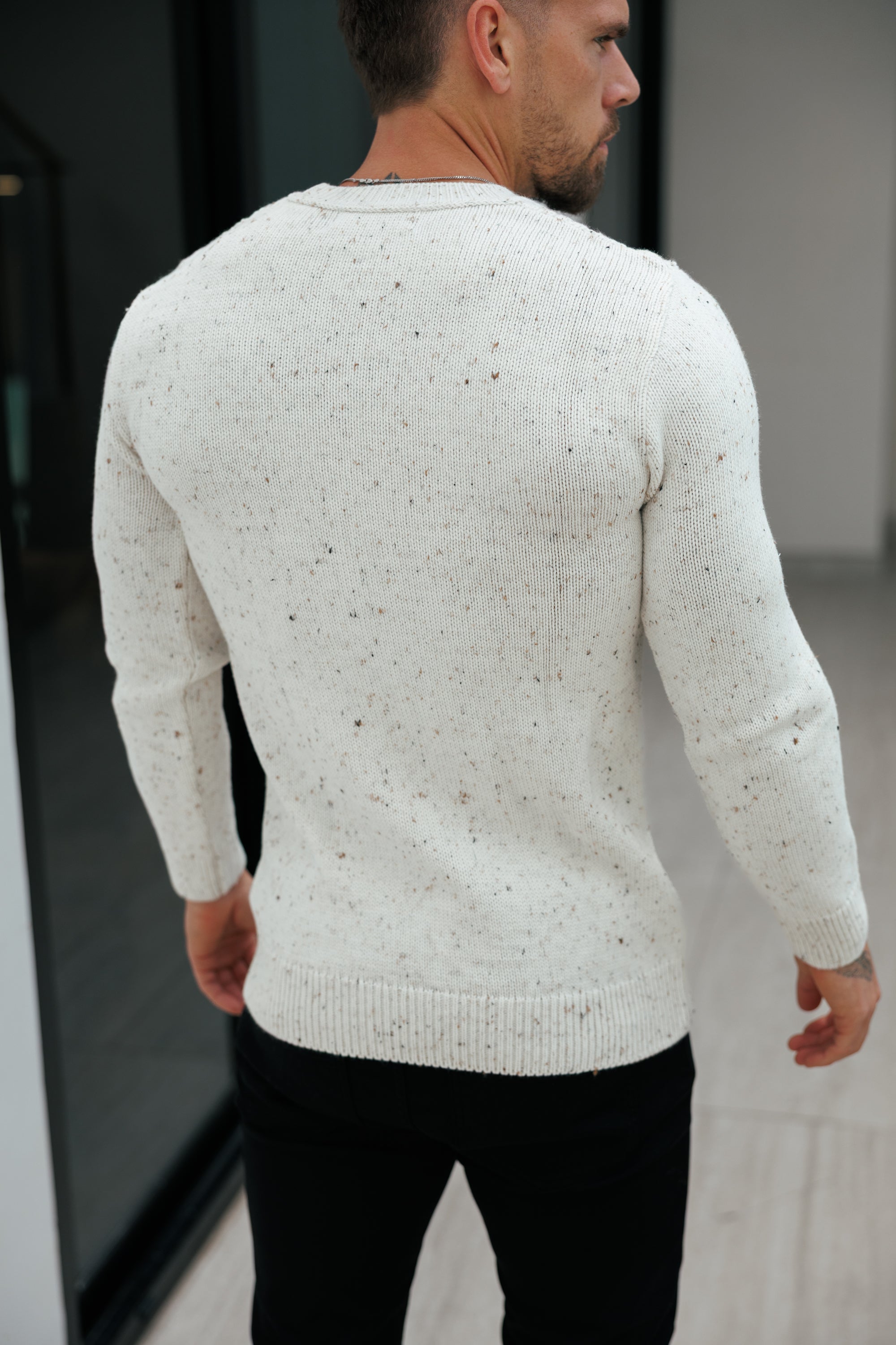 Chevron Front Beige Fleck V Neck Jumper - FSJ153