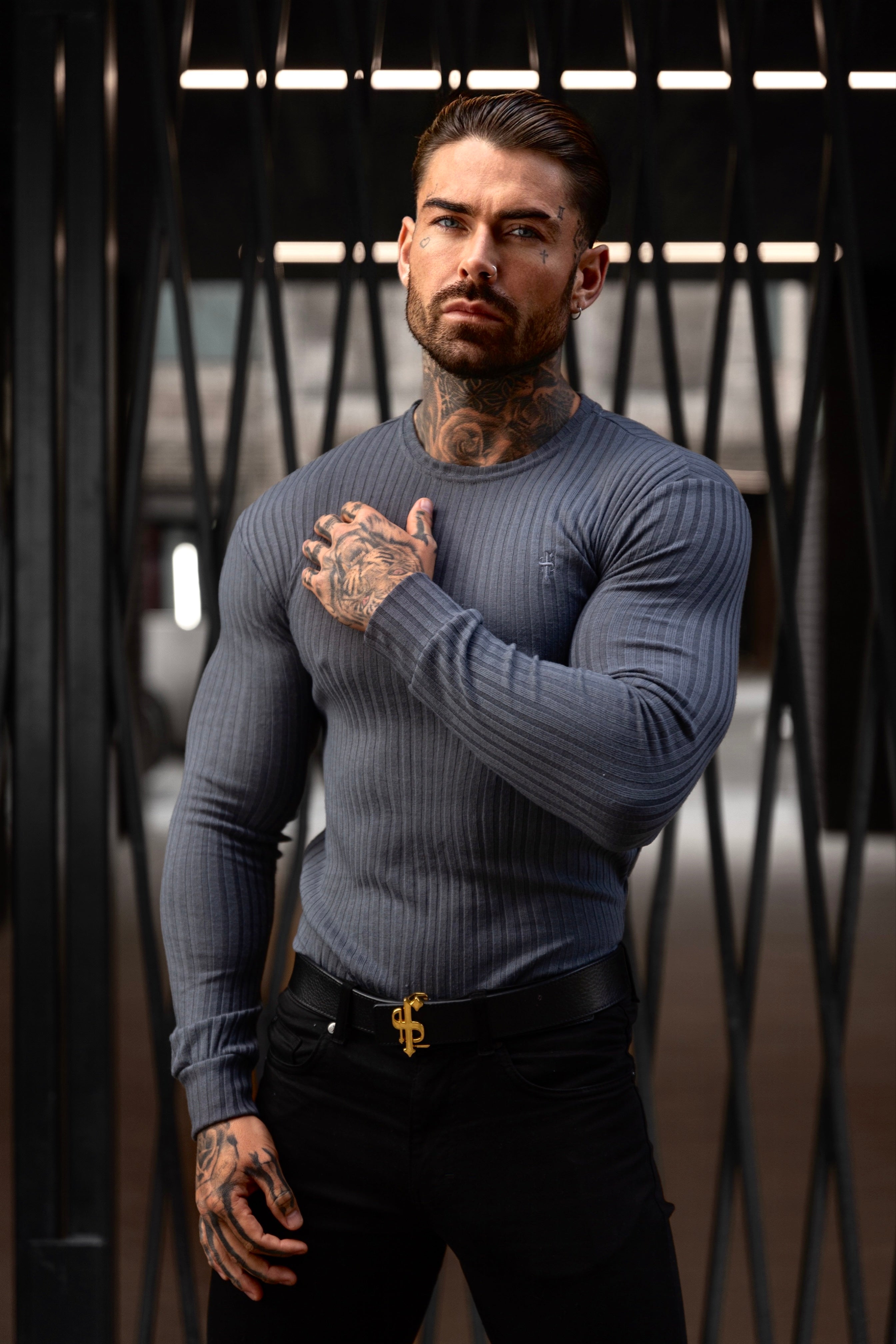 Classic Charcoal Ribbed Knit Jumper With Tonal Embroidery - FSH946